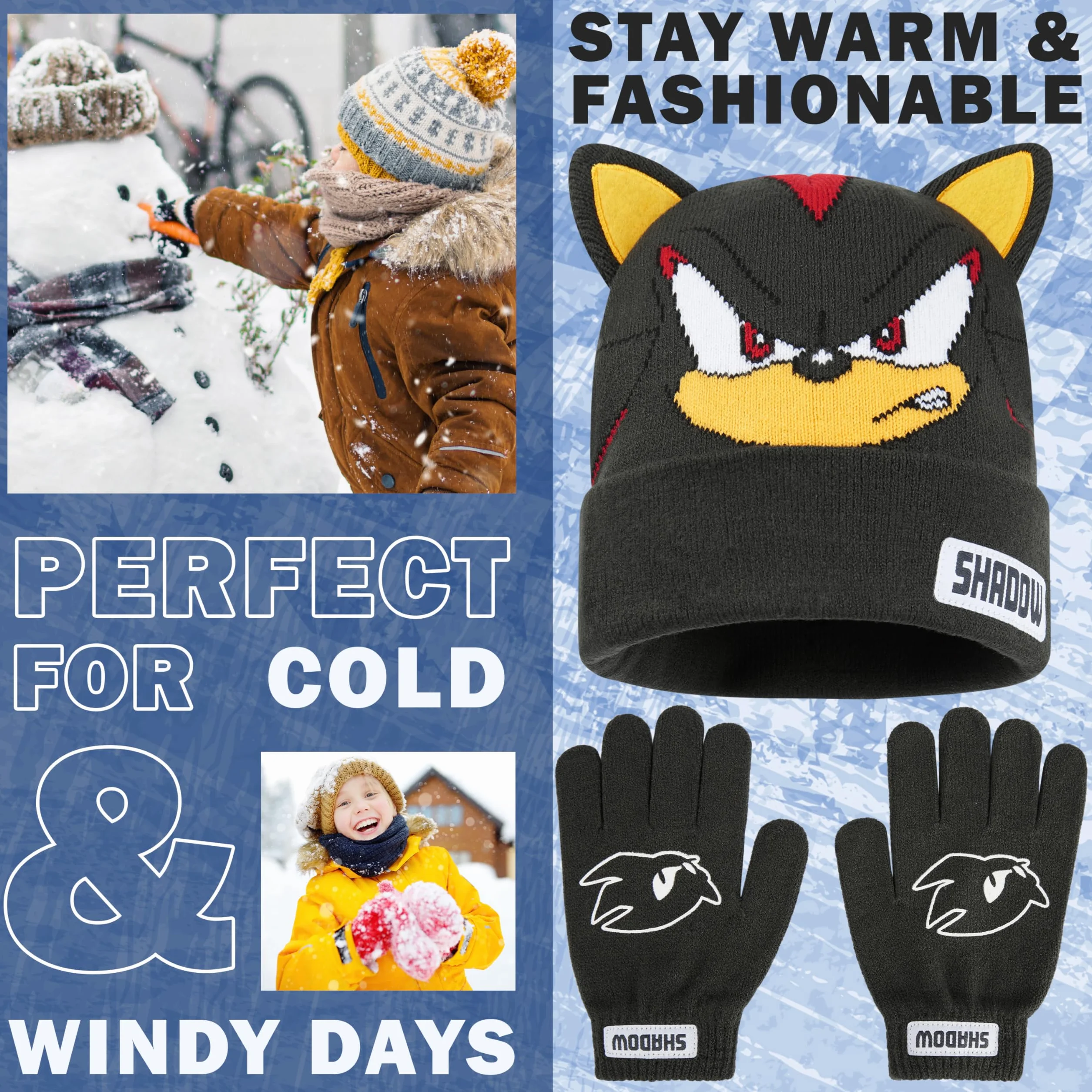 SONIC THE HEDGEHOG Czapka beanie i zimowe rękawiczki zestaw dla chłopców w wieku 4-12 lat, ciepłe, przytulne dzianinowe akcesoria zimowe, prezenty dla chłopców