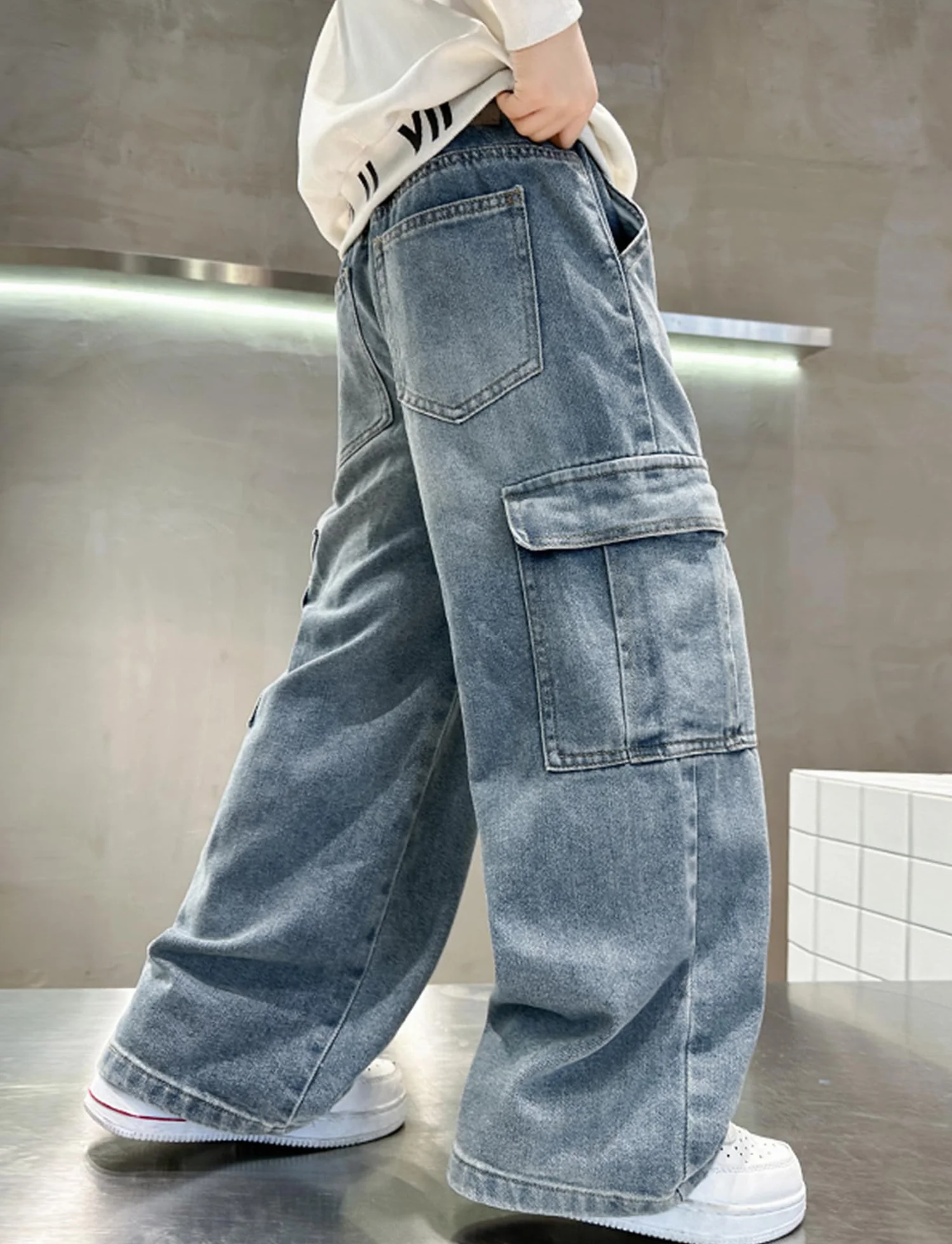 Happy Cherry - Baggy Jeans chłopięce szerokie spodnie dżinsowe chłopięce Y2K Streetwear Spodnie dziecięce Nastolatek Hip Hop Streetwear Casual na lato Wiosna Jesień Zima - 110-164