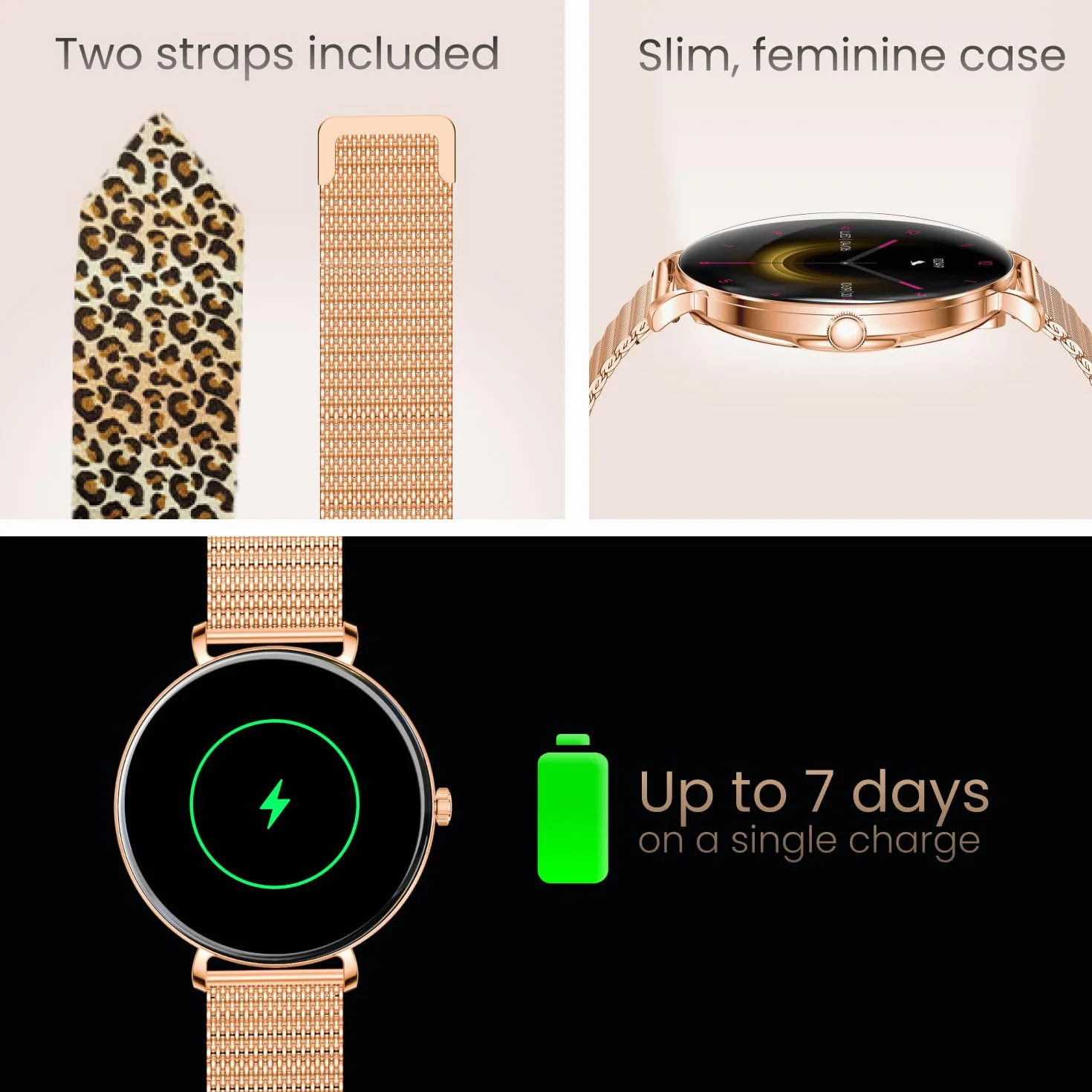 Forever Smartwatch Lucca SB-370 - Zegarek Damski z Funkcją Dzwonienia, Wodoodporny, Sportowy, Kobiecy Dodatek, Dwa Paski, Modny Wzór Panterka, Rosegold, Zegarek na Ręke