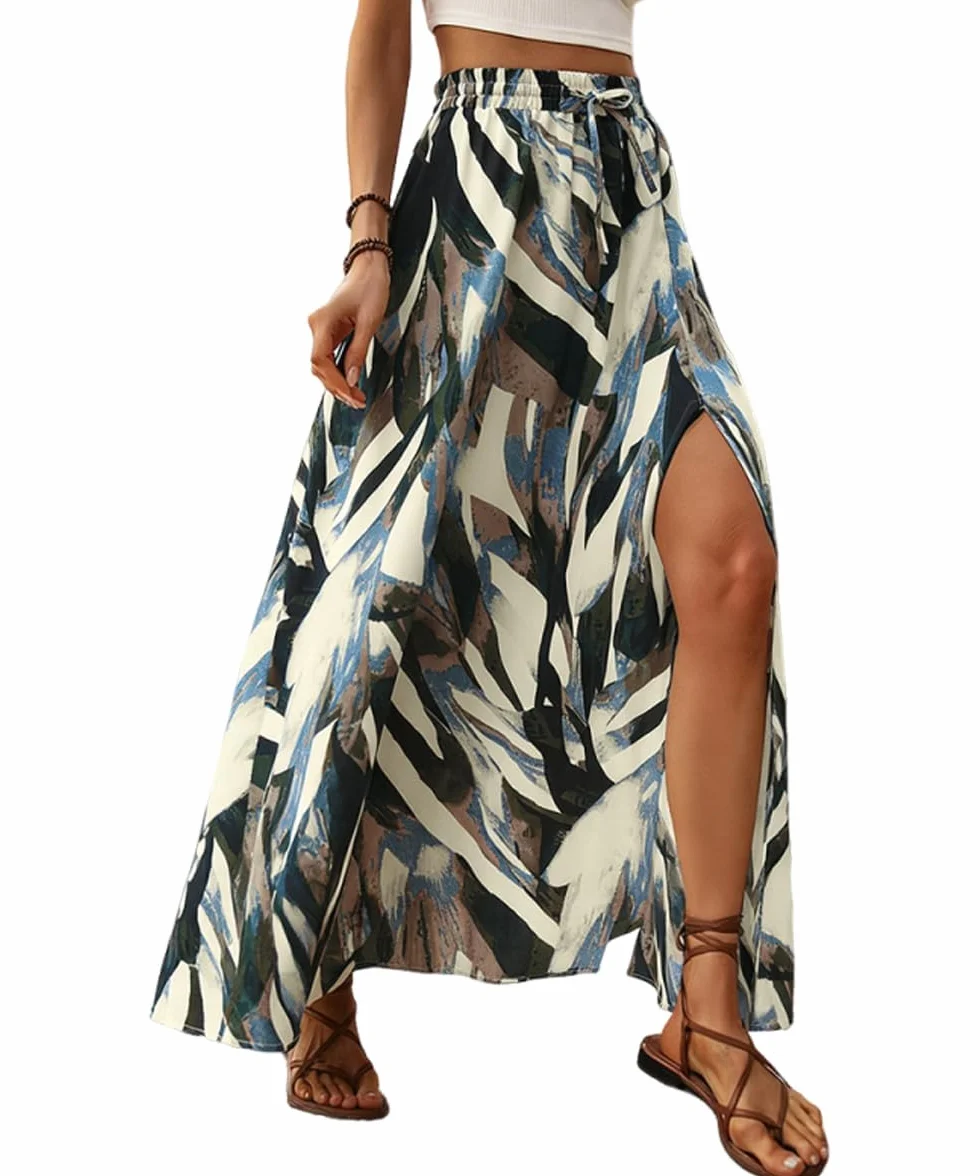 Spódnica damska, długa, elegancka spódnica maxi z nadrukiem, letnia spódnica z rozcięciem, linia A, letnia spódnica maxi, elastyczna, wysoka talia, spódnica plażowa, spódnica rekreacyjna