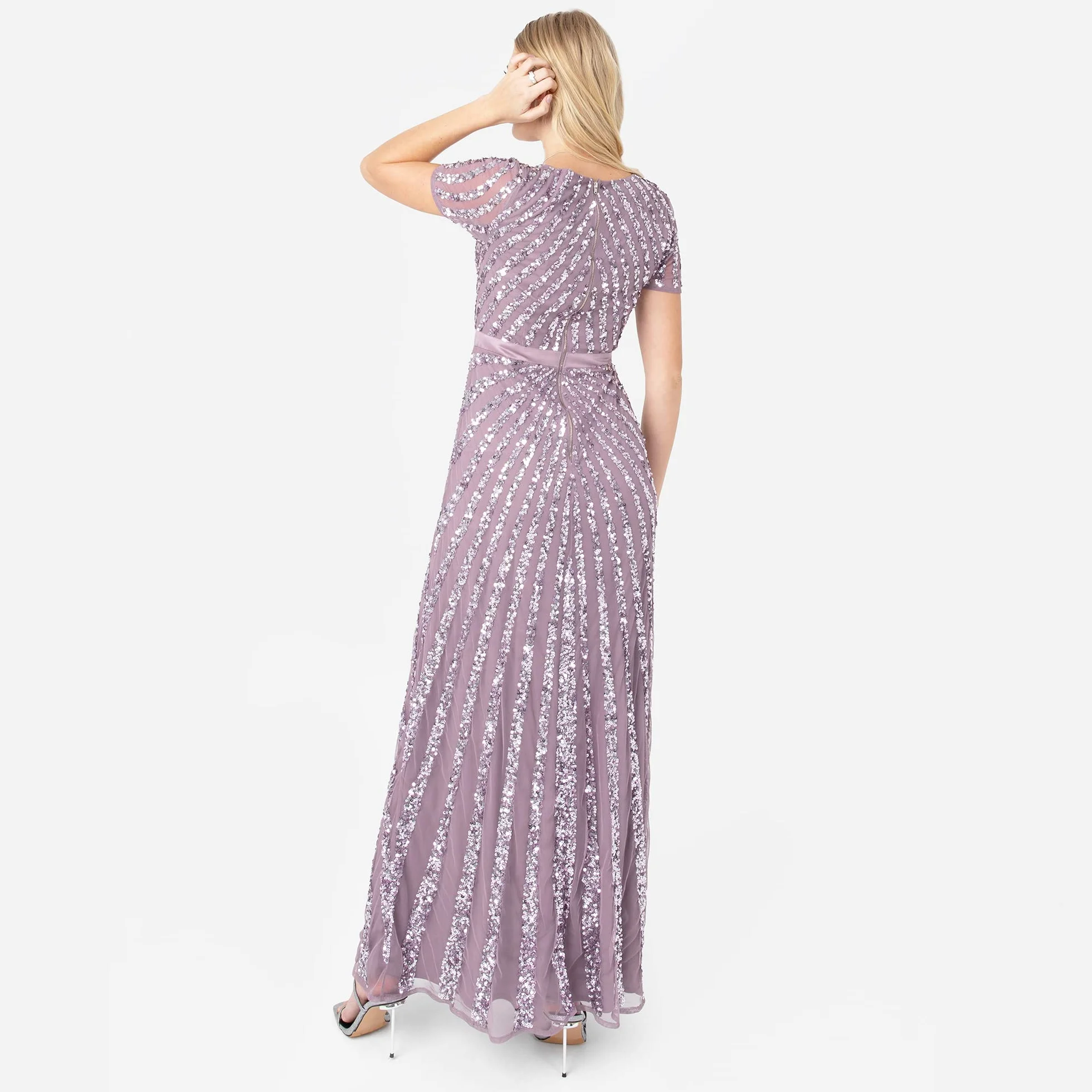 Maya Deluxe Damska sukienka maxi z cekinami z długim rękawem dekolt w serek wysoka talia krój błyszczący studniówka ślub druhna, Moody Lilac, 50