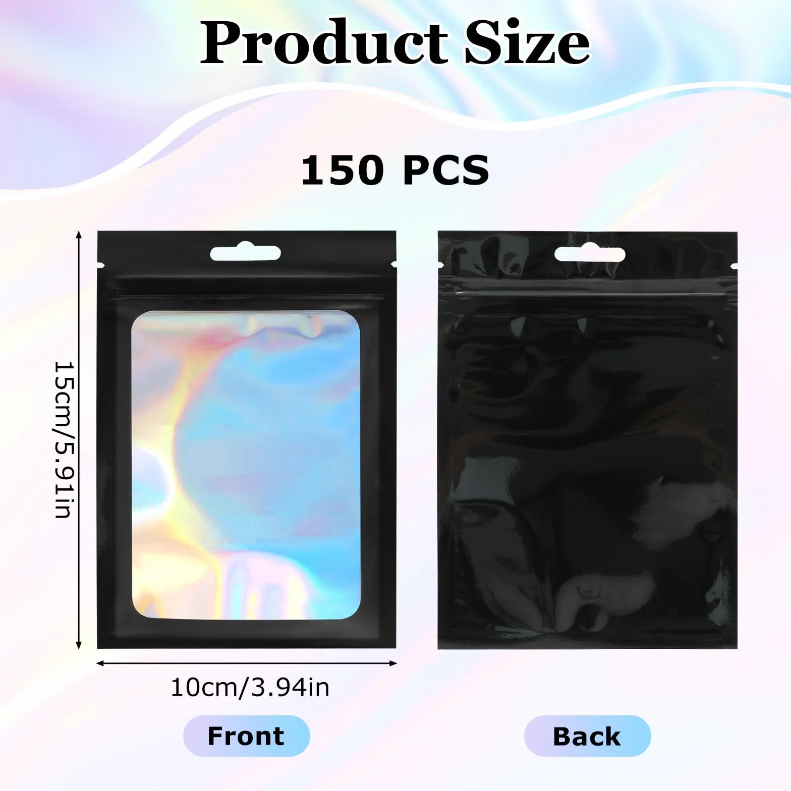 Mylar Bags, 150 sztuk, torebki strunowe, małe, 10 x 15 cm, torebki z zamknięciem, woreczki wielokrotnego zamykania z przezroczystym okienkiem na słodycze, biżuterię, kosmetyki (czarne)