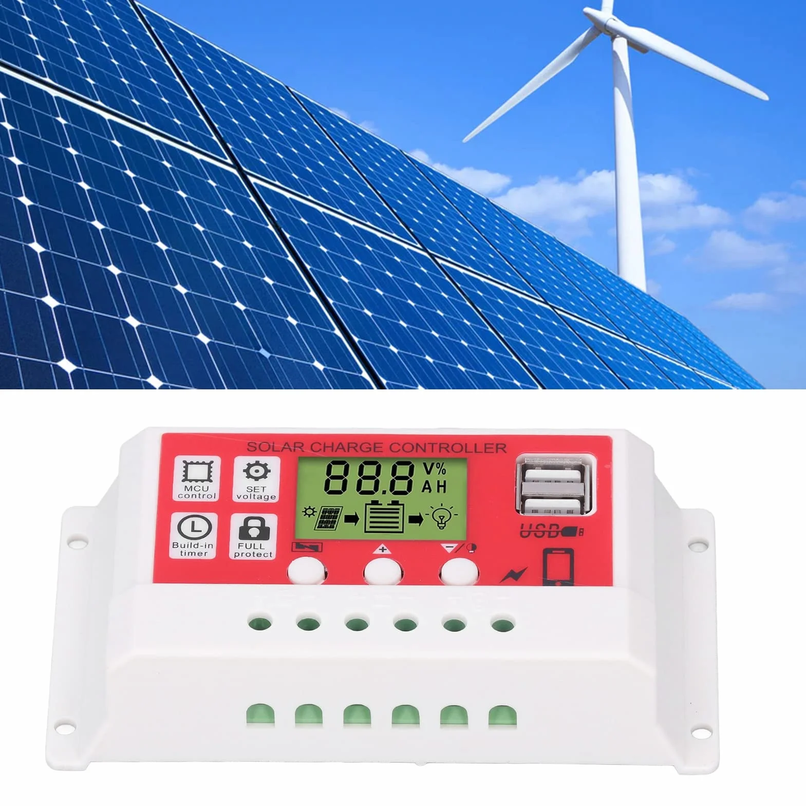 Podwójny Regulator ładowania Słonecznego USB, Inteligentny Regulator 30A z Wyświetlaczem LCD do Baterii Panelu Słonecznego, Regulowany (10A)