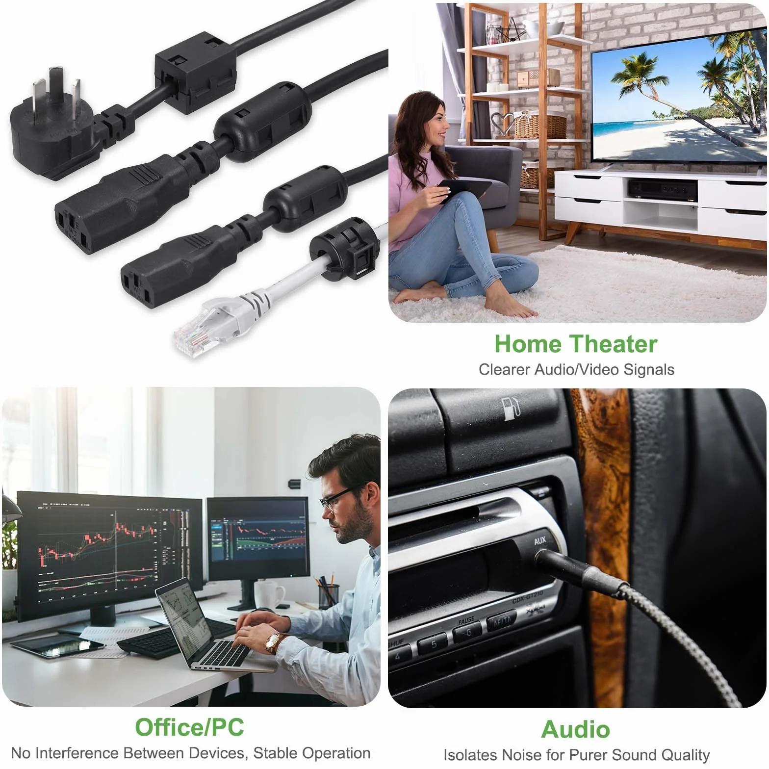 QUARKZMAN 4 szt. Pierścień ferrytowy, filtr szumów RFI EMI Klips Ferrytowe koraliki do kabli USB Audio Video Data 7 mm, do redukcji zakłóceń, szary, z uszami