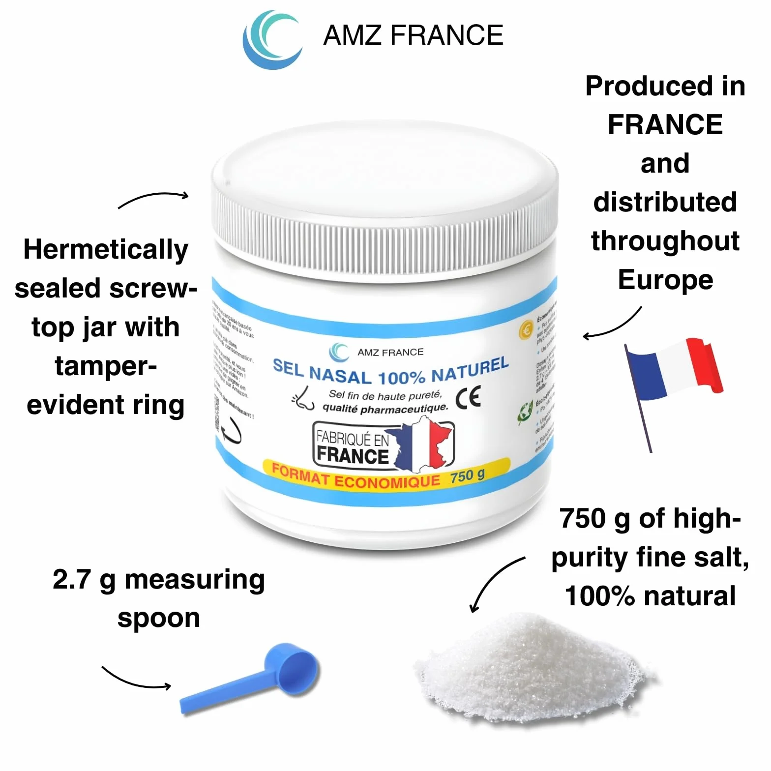 Nasal Salt 750 g, 100% Natural, Pharmaceutical Grade, Made in FRANCE - 277 Washes (XXL Box) - Child Adult - Nasal Rinse – Wellness Product