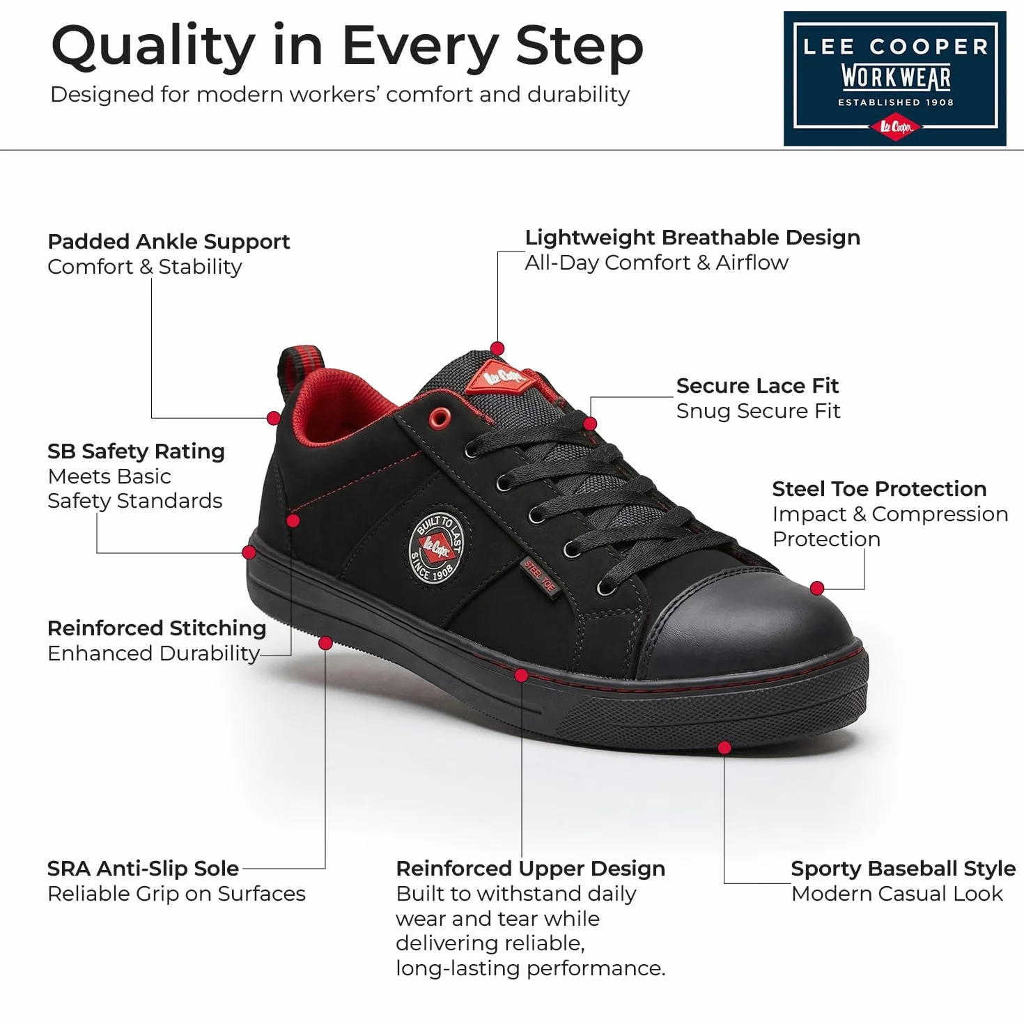Lee Cooper ‎LCSHOE054 Unisexowe obuwie ochronne robocze SB/SRA w stylu retro baseball nowoczesny design buty robocze BHP, Czarny, 44 EU