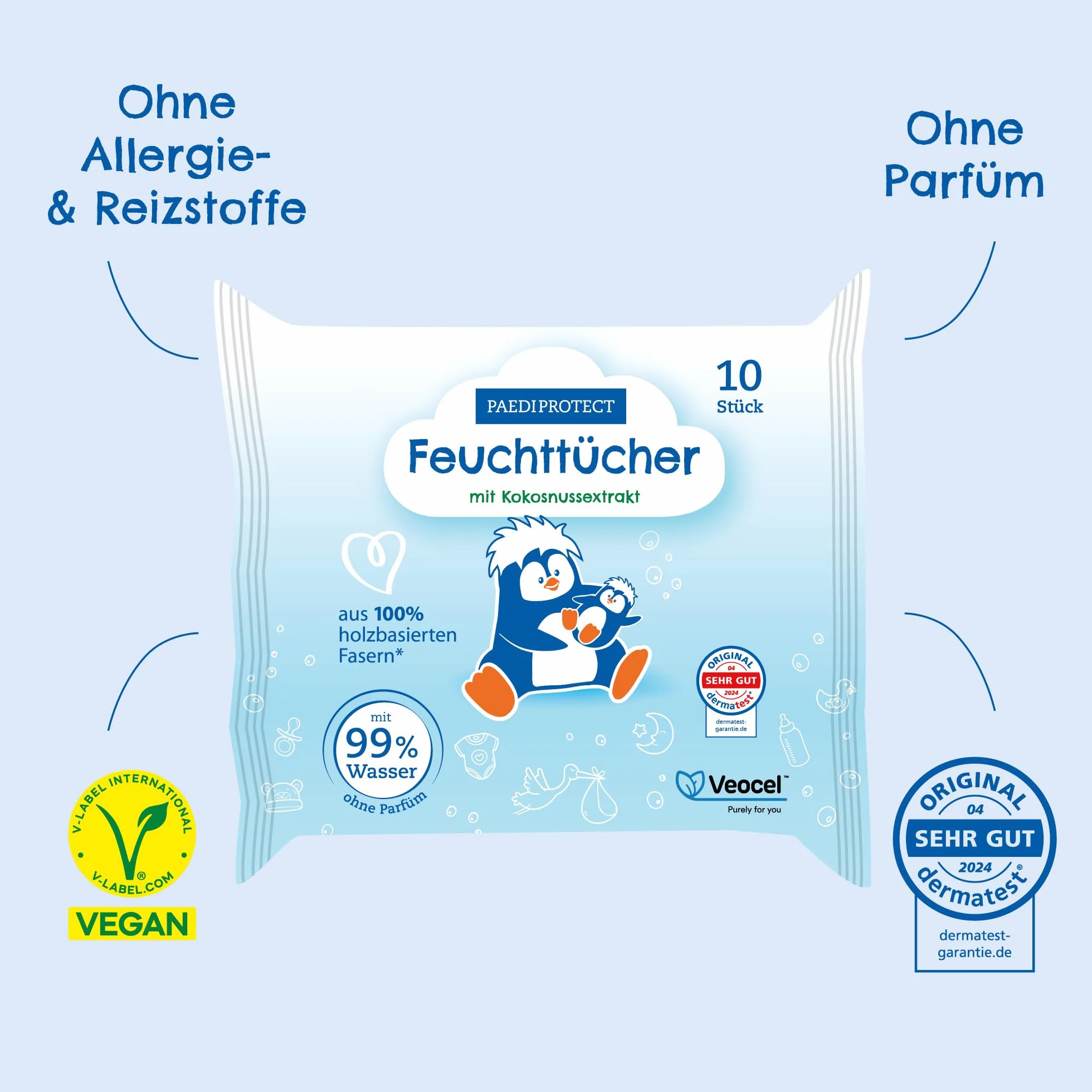 PAEDIPROTECT Chusteczki nawilżane 1 x 10 sztuk, delikatne chusteczki do wody dla niemowląt z 99% wody bez substancji zapachowych, do delikatnej skóry niemowląt i dzieci, z ekstraktem z kokosa, bez