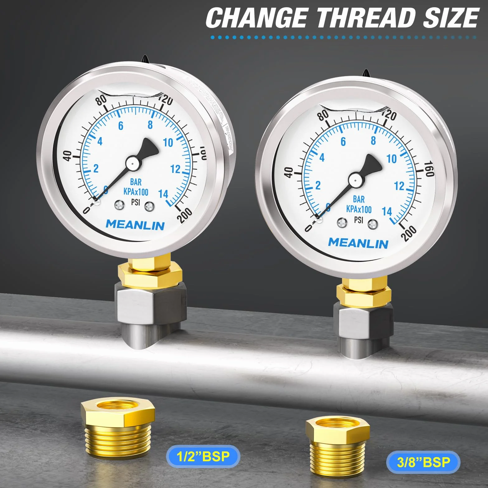MEANLIN MEASURE 0~14 BAR/0~200 PSI manometr napełniony płynem, stal nierdzewna 1/4" BSP 2,5" FACE DIAL, WOG część dolna, z gniazdem sześciokątnym 1/4"x 1/2" BSP i 1/4"x 3/8" BSP