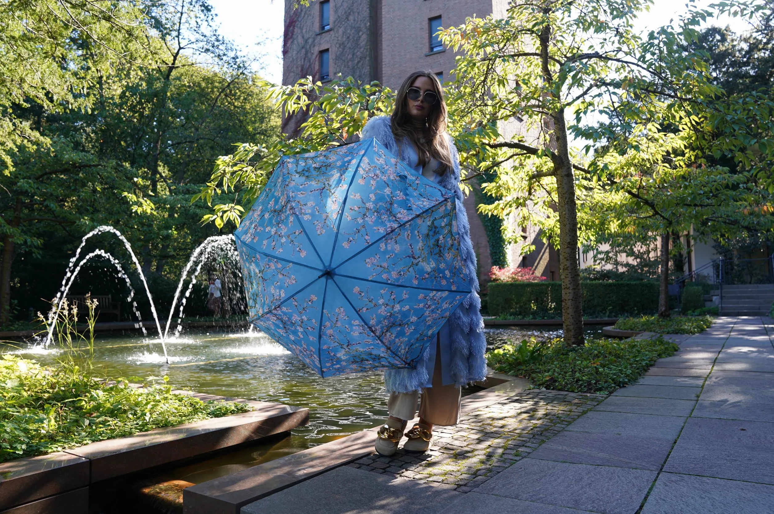 VON LILIENFELD Parasol Vincent van Gogh kwiat migdałów automatyczne rozkładanie i rozkładanie damski parasol stojący, turkusowy