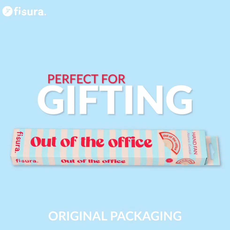 Fisura – Wachlarz drewniany z napisem “Out of the office”, wachlarz drewniany nowoczesny kolorowy, niebiesko-czerwony, wachlarz ręczny z zawieszką, zabawny prezent wakacyjny, 42,5 x 23 cm