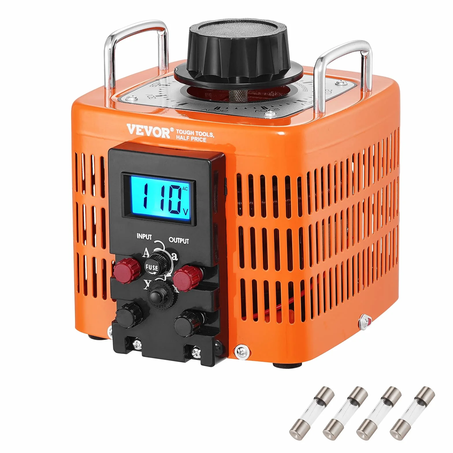 VEVOR Transformator nastawczy 2000 VA o zmiennym napięciu, 6,6 A, wejście 230 V, wyjście 0-300 V, regulator napięcia zmiennego, z wyświetlaczem LCD, 4 dodatkowe bezpieczniki, do domu, przemysłu, biura