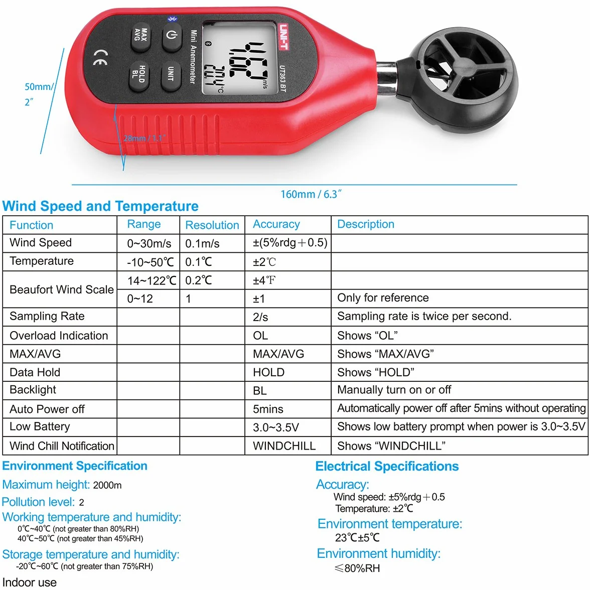 UNI-T Ręczny mini anemometr Bluetooth UNI-T UT363BT ręczny mini cyfrowy anemometr z termometrem i maks./min do zbierania danych pogodowych i sportów na świeżym powietrzu windsurfingu, żeglowania z tyłu