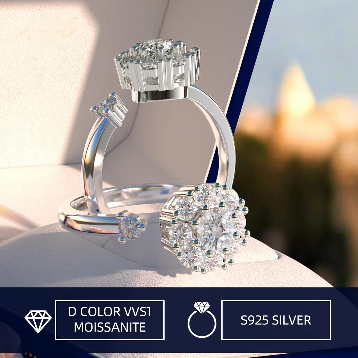 Pierścionek z moissanitem dla kobiet, diament lab-created 1,5CT, srebro 925 pokryte 18K białym złotem, regulowany otwarty pierścionek srebrny, pierścionek zaręczynowy, prezent biżuteryjny.