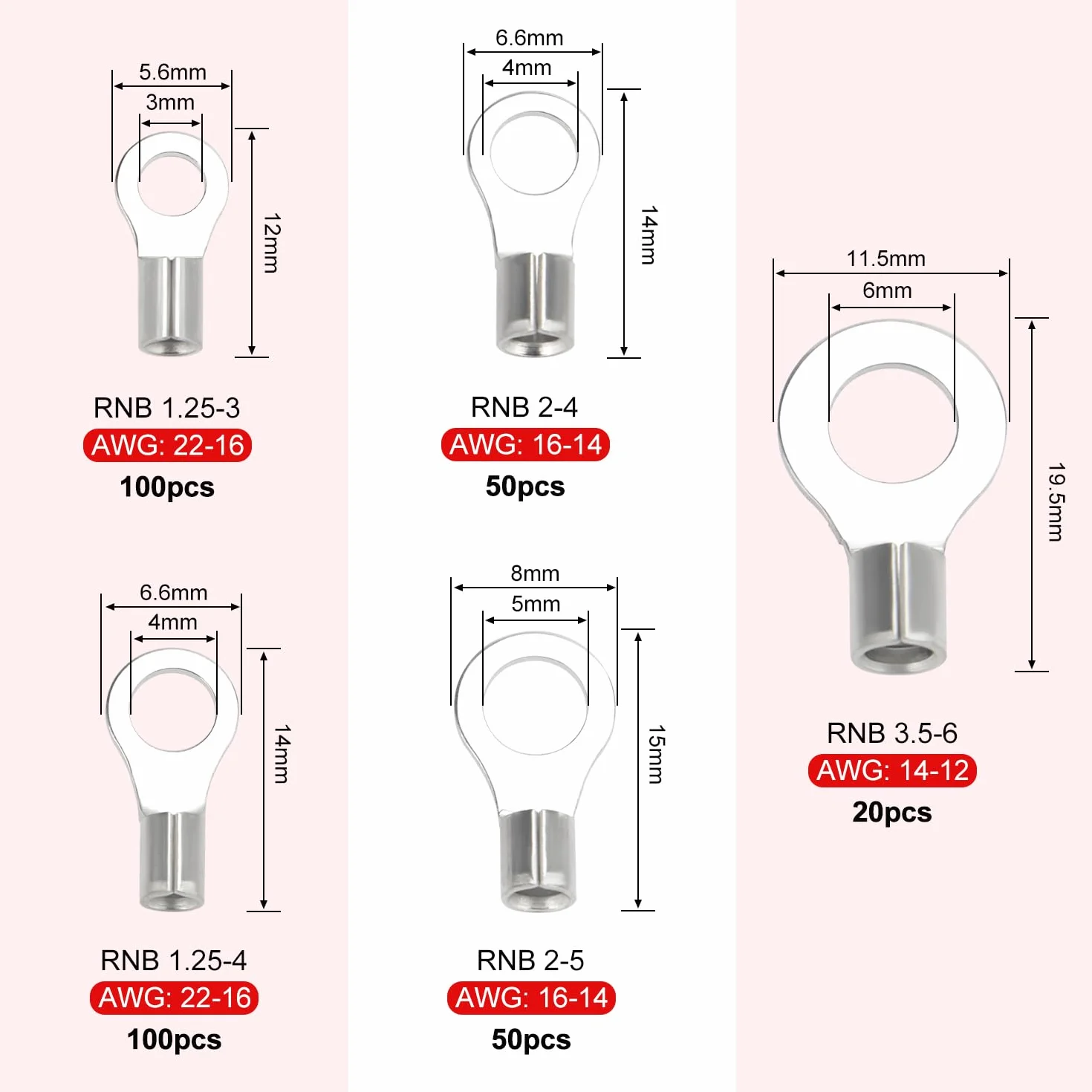 YIXISI 320 Sztuk M3/M4/M5/M6 Złącza Zaciskane z Końcówkami Pierścieniowymi, Złącze z Końcówką Miedzianą Typu O, Miedziane Końcówki Wtyczki z Końcówkami, AWG 22-16 16-14 14-12