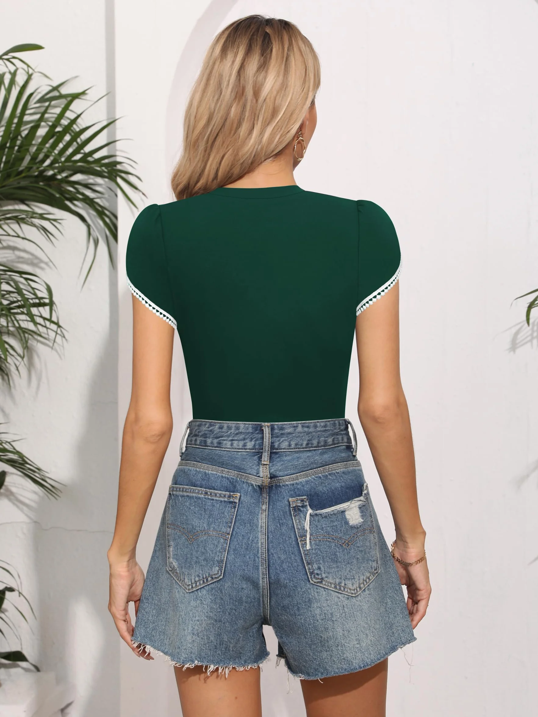 Missufe Damskie body eleganckie z krótkim rękawem, na lato, koronka, top z dzianiny, górna część