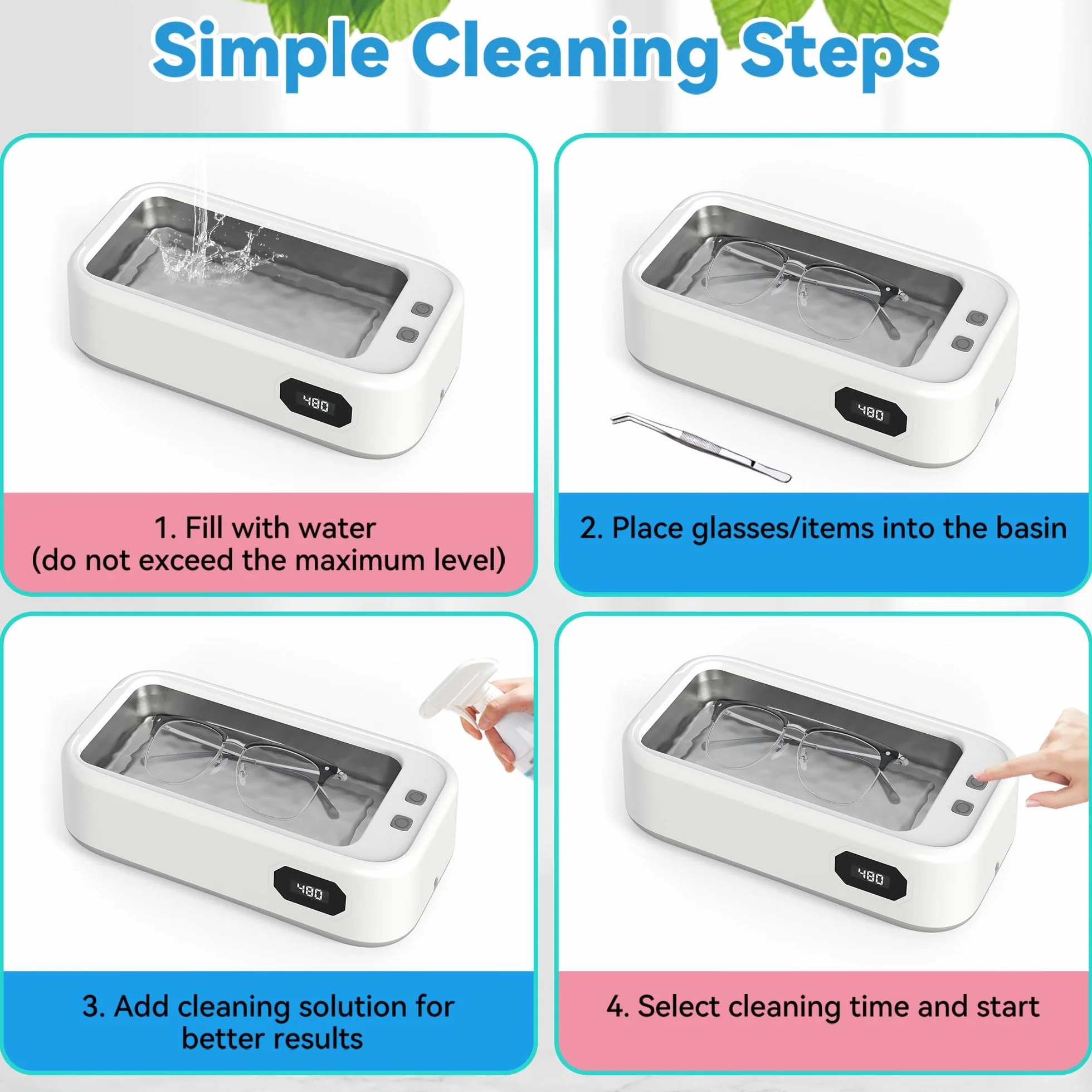 Myjka Ultradźwiękowa, Ultrasonic Cleaner 49KHz, Myjka Ultradźwiękowa 640ml, 5 Trybów Myjki Ultradźwiękowej Wyświetlaczem, do Okularów, Protez Zębowych, Zegarków, Pierścionków, Biżuterii, Monet