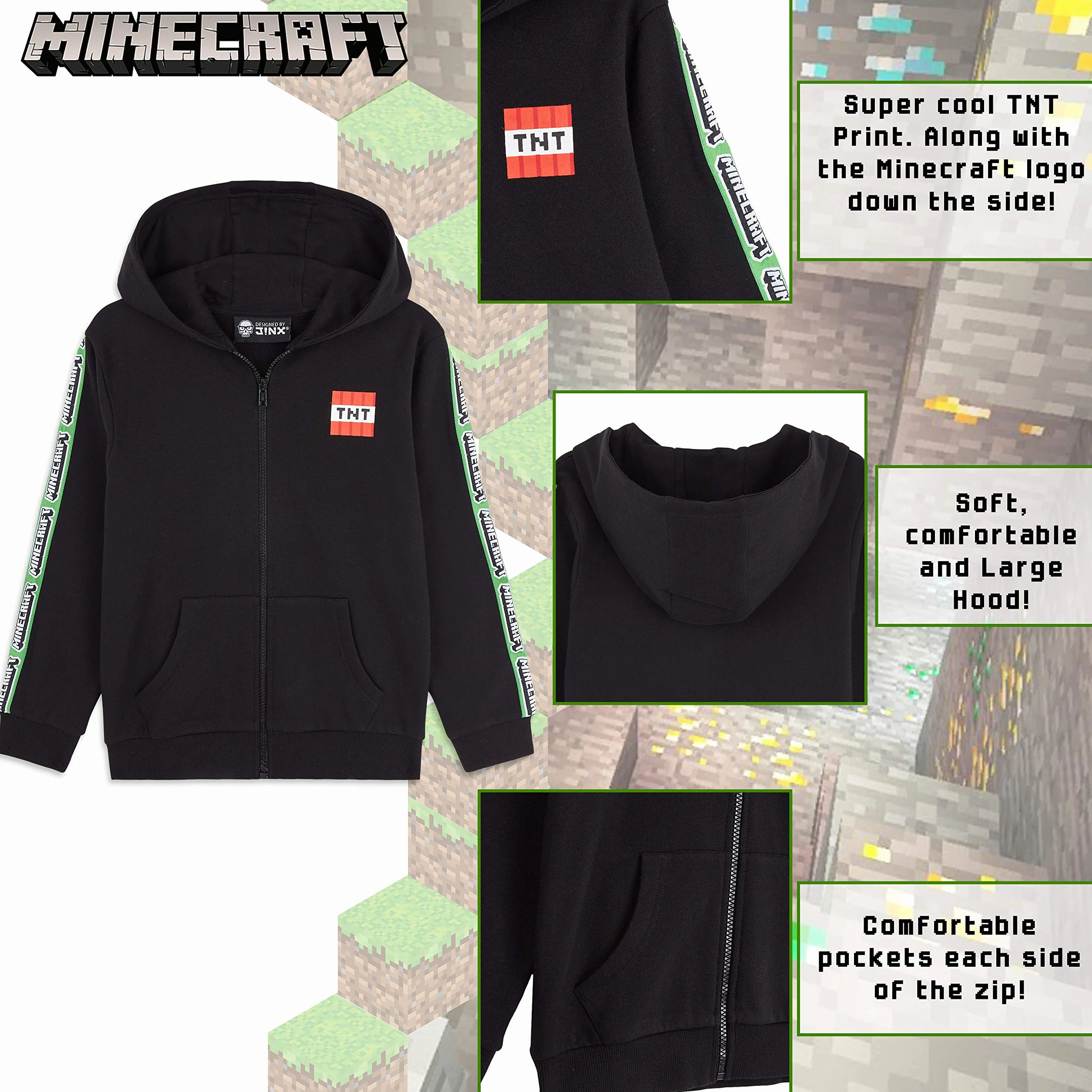 Minecraft Bluza z kapturem dla chłopców z zamkiem błyskawicznym, długi rękaw, prezent dla graczy 5-14 lat