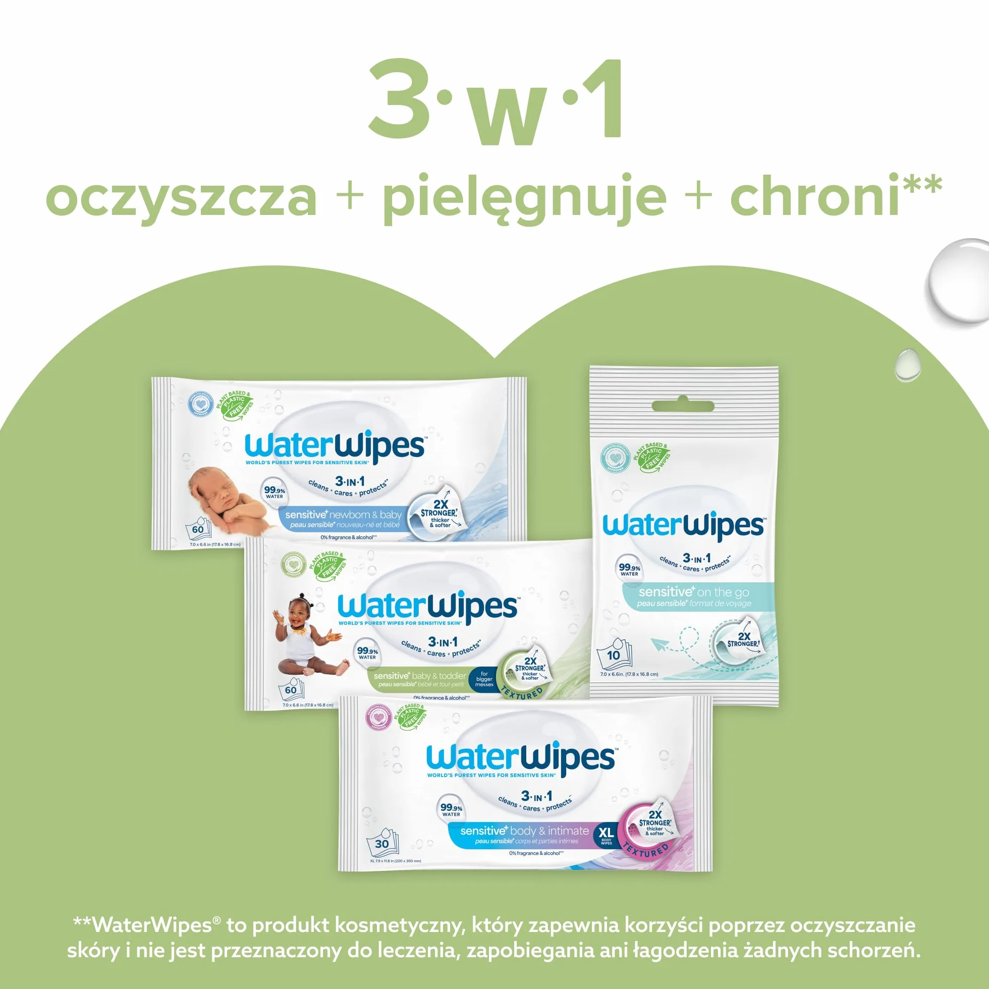 WaterWipes Sensitive+ Baby & Toddler Wipes, Chusteczki dla niemowląt i małych dzieci, 240 sztuk (4 opakowań), 3 w 1: delikatnie oczyszczają, pielęgnują, chronią, 99.9% wody, bezzapachowe