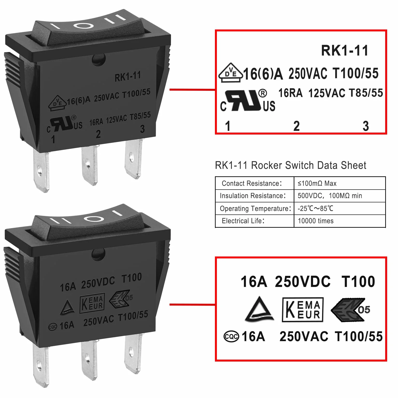 Heschen przełącznik kołyskowy ON-OFF-ON SPDT 3 zaciski 15 A 250 V AC czarny 5 szt.