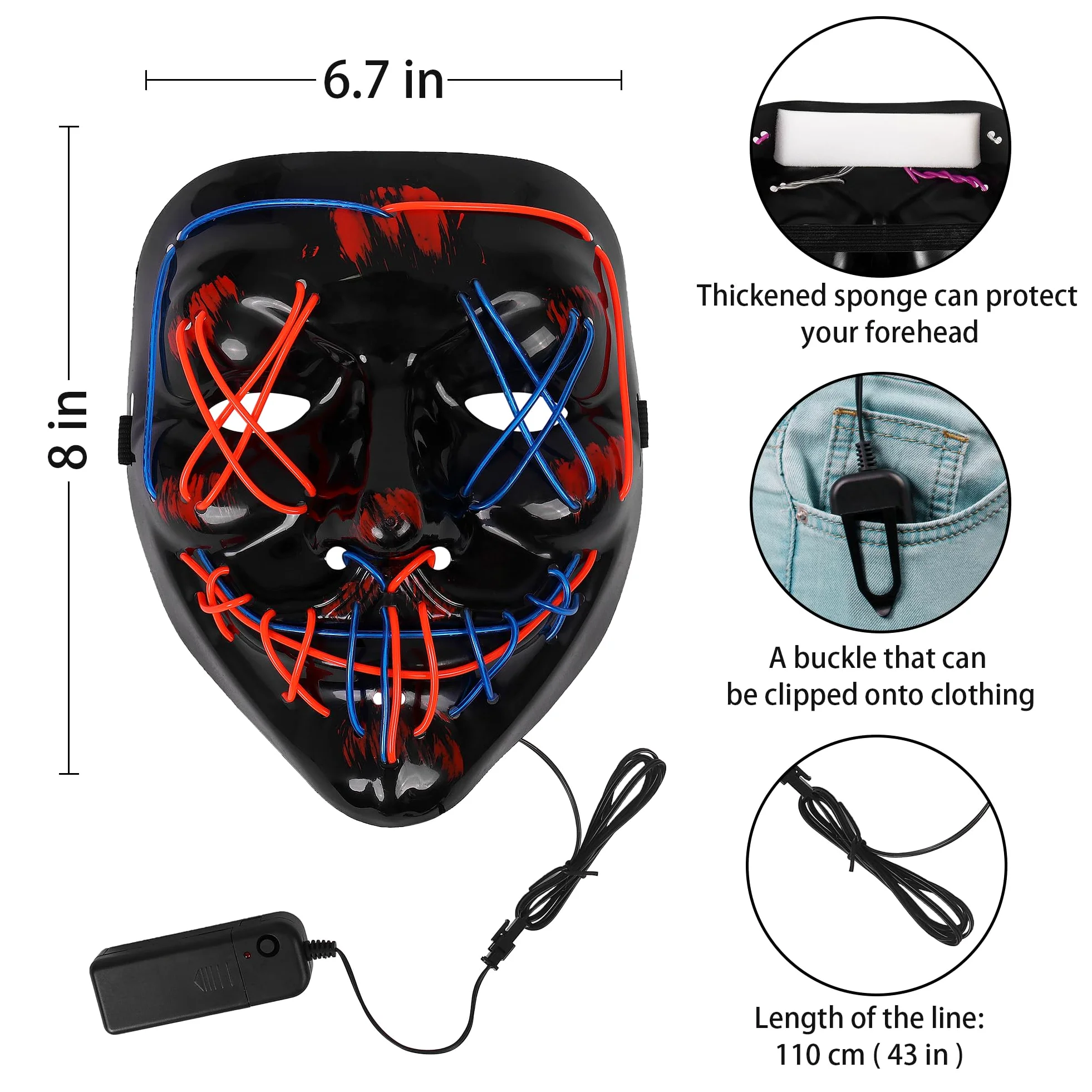 2 sztuki masek na Halloween, świecące maski oczyszczające LED, kostium cosplay dla mężczyzn i kobiet, straszna twarz, na imprezę, karnawał, prezent, 2 szt