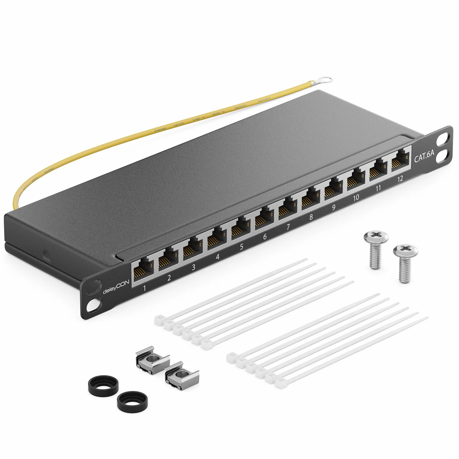 deleyCON CAT 6a 0.5U Patch Panel Mini Patch Panel 12 Portów - Desktop 10 Cali Montaż w Szafie Serwerowej RJ45 Ekranowany TIA568A TIA568B RAL 9005 Czarny