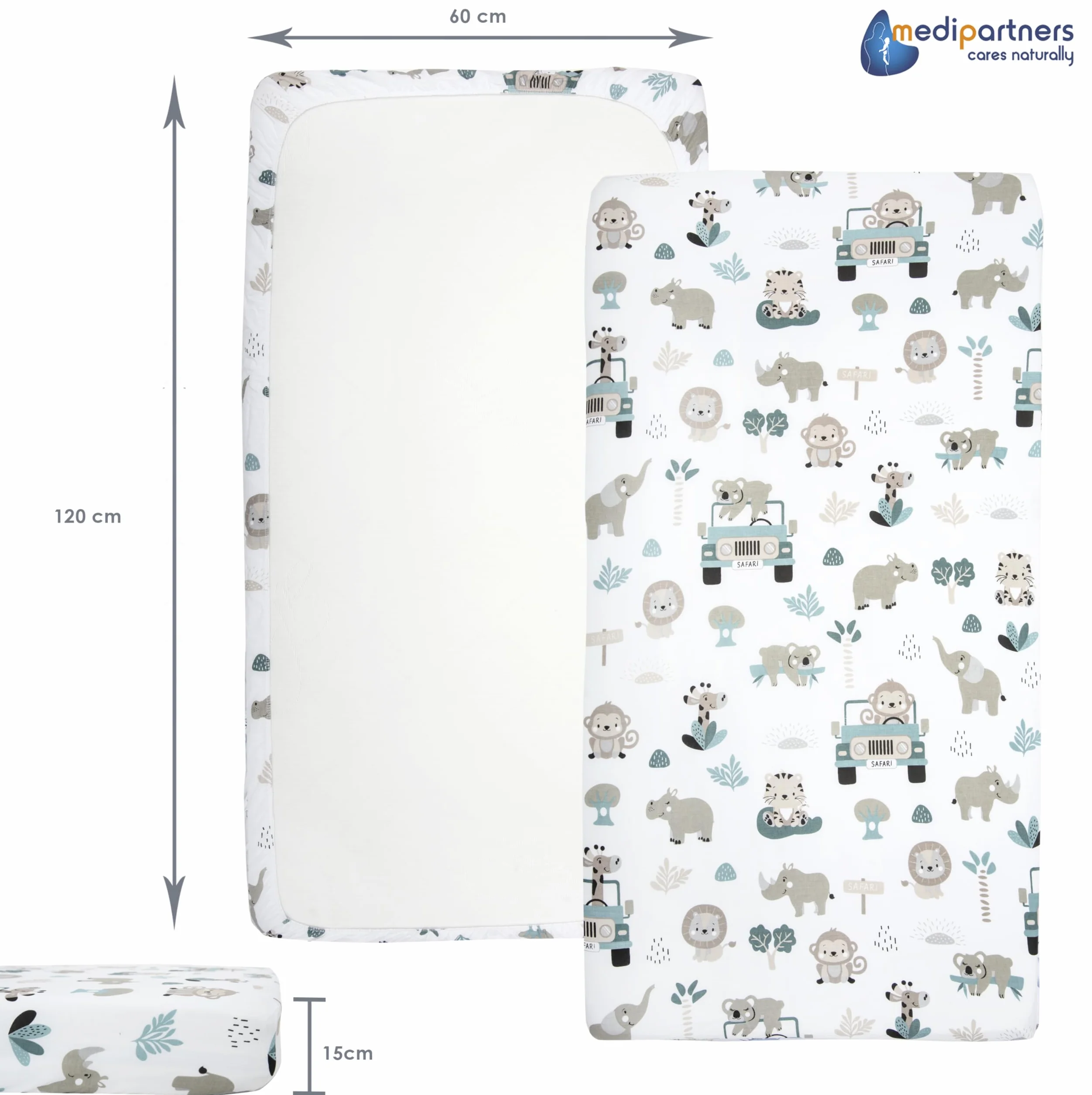Medi Partners Prześcieradło z gumką do łóżeczka 120x60cm 100% Bawełna dla Niemowląt (Miętowe Zoo)