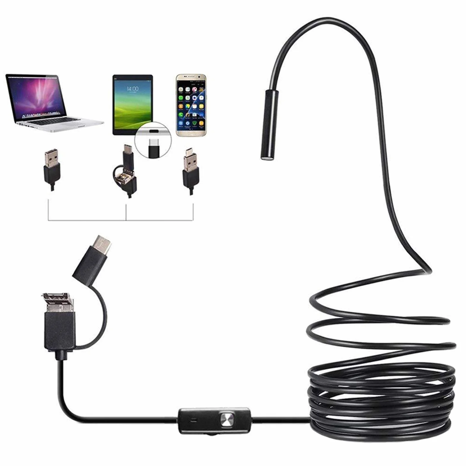 Kisbeibi wodoszczelny endoskop przemysłowy z czarną kamerą HD, 3 w 1, typ C, wideo USB 5 m