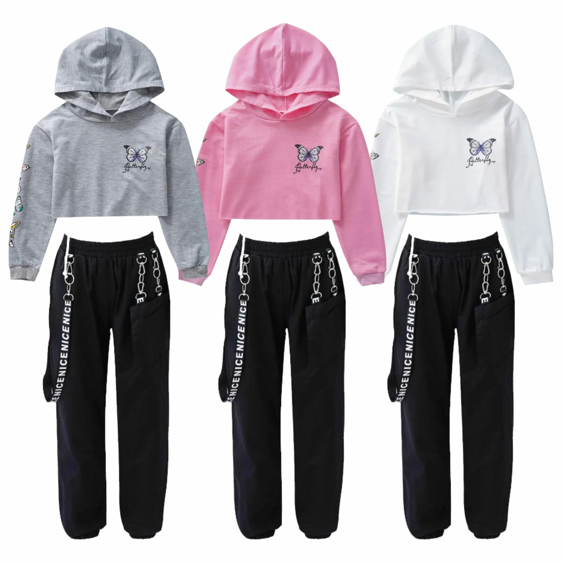 Barielle 10013 Dwuczęściowy strój hip-hopowy dla dzieci, bluza z kapturem z odkrytym brzuchem, spodnie cargo z łańcuszkiem, strój do tańca, 134-176