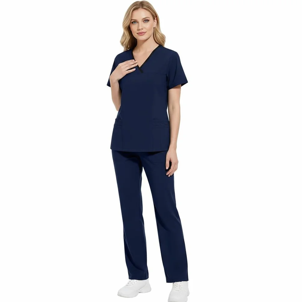 Scrubs dla kobiet Split Suit dekolt w serek top i spodnie do biegania z czterema kieszeniami czysty kolor szybkoschnące medyczne mundury pielęgniarskie DK51