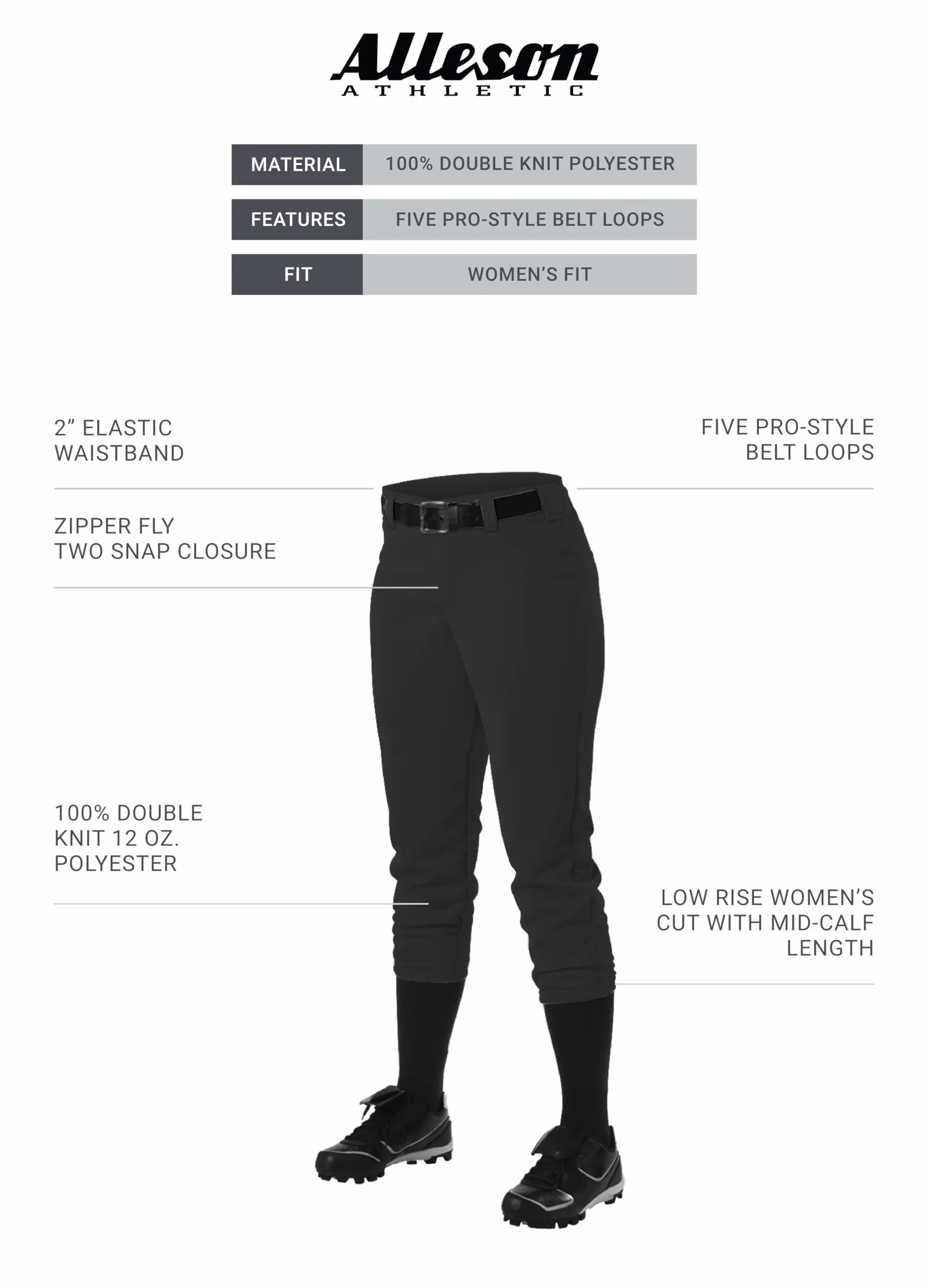 Alleson Athletic Damskie spodnie Fastpitch/Softball Belt Loop - elastyczna, odprowadzająca wilgoć tkanina i krój w profesjonalnym stylu