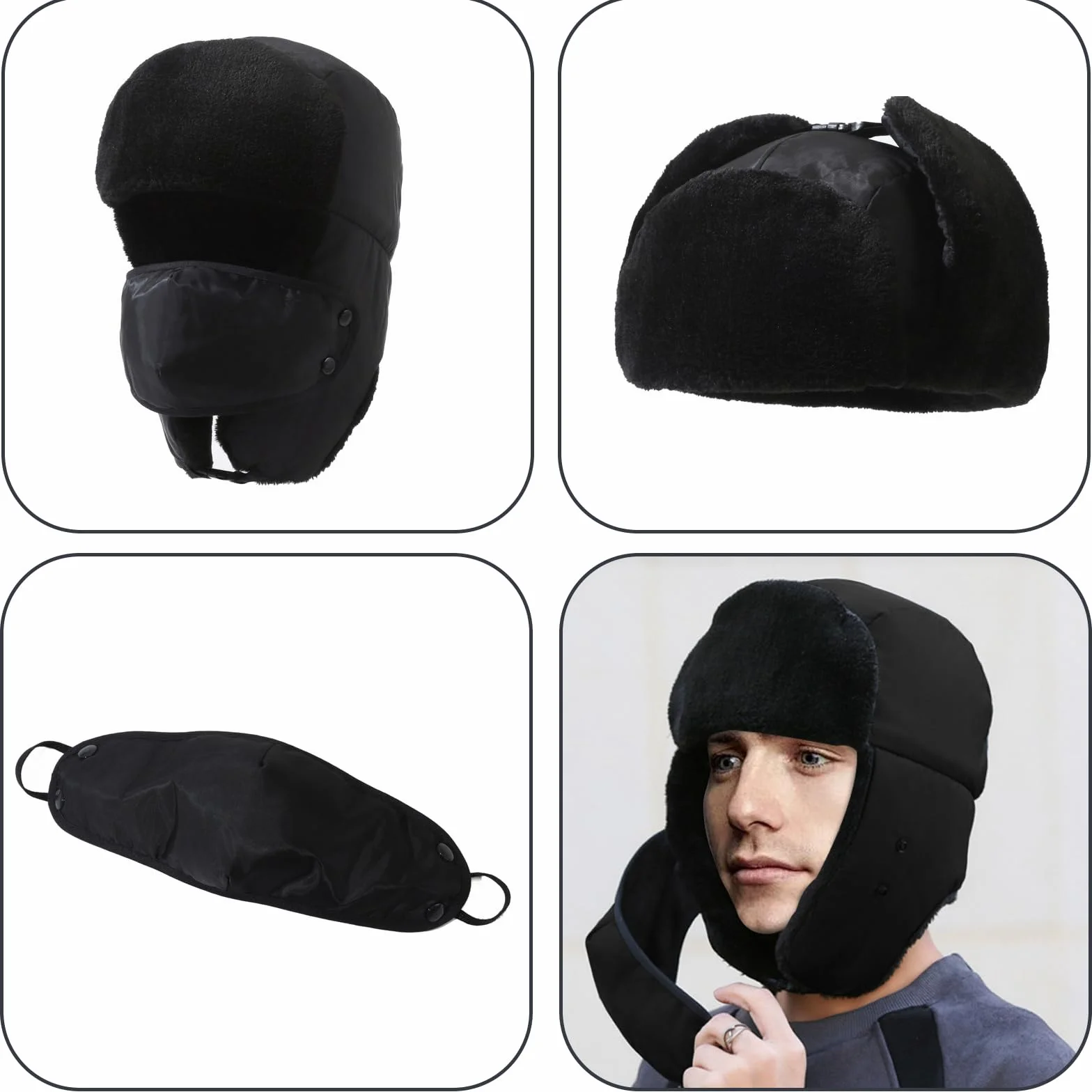 Czapka lotnicza Unisex, Ushanka czapka z nausznikami i odpinaną maską, wiatroszczelna zimowa czapka narciarska, ciepła czapka myśliwska męska kobieta, czarne, rozmiar uniwersalny