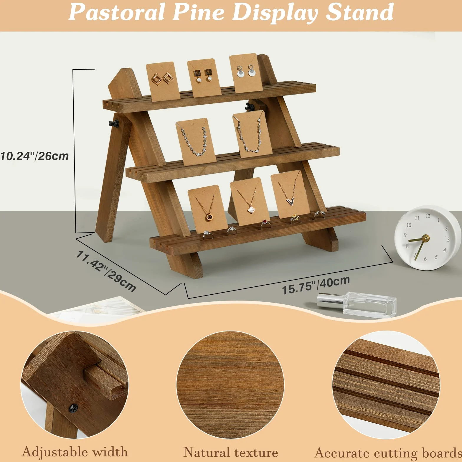 Emibele 3-Tier Wooden Earring & Ring Holder Organizer, Cascading Showcase Jewelry Stand, Brown