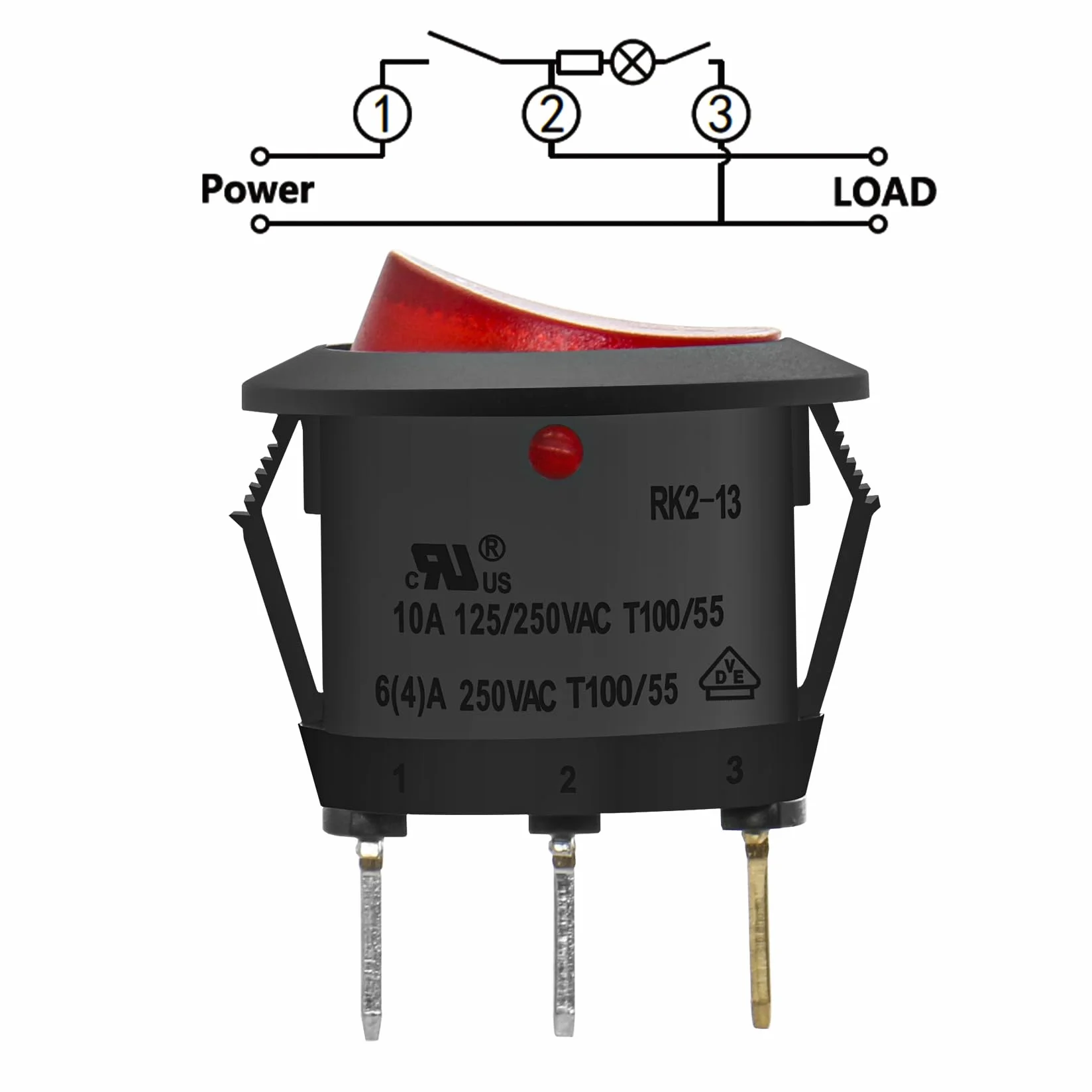 Heschen okrągły przełącznik kołyskowy ON-OFF SPST 3 zaciski 24 V czerwone światło 6 A 250 V AC 5 szt.
