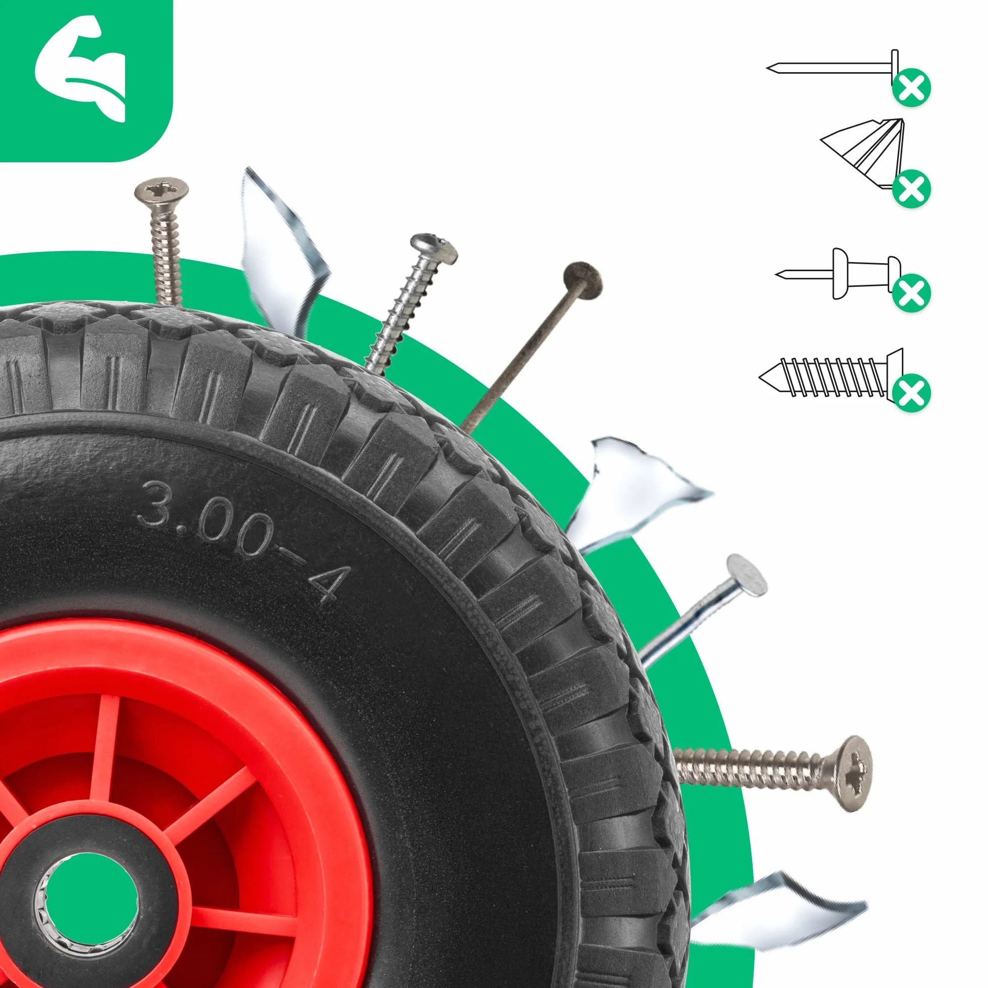 MOOVMOOV 2 x odporne na przebicie koła 3,00-4 (260 x 85 mm) - otwór 20 mm - do taczki, wózka i innych. Pełna opona z felgami PVC - w zestawie pierścienie mocujące z kluczem Allen + zatyczki