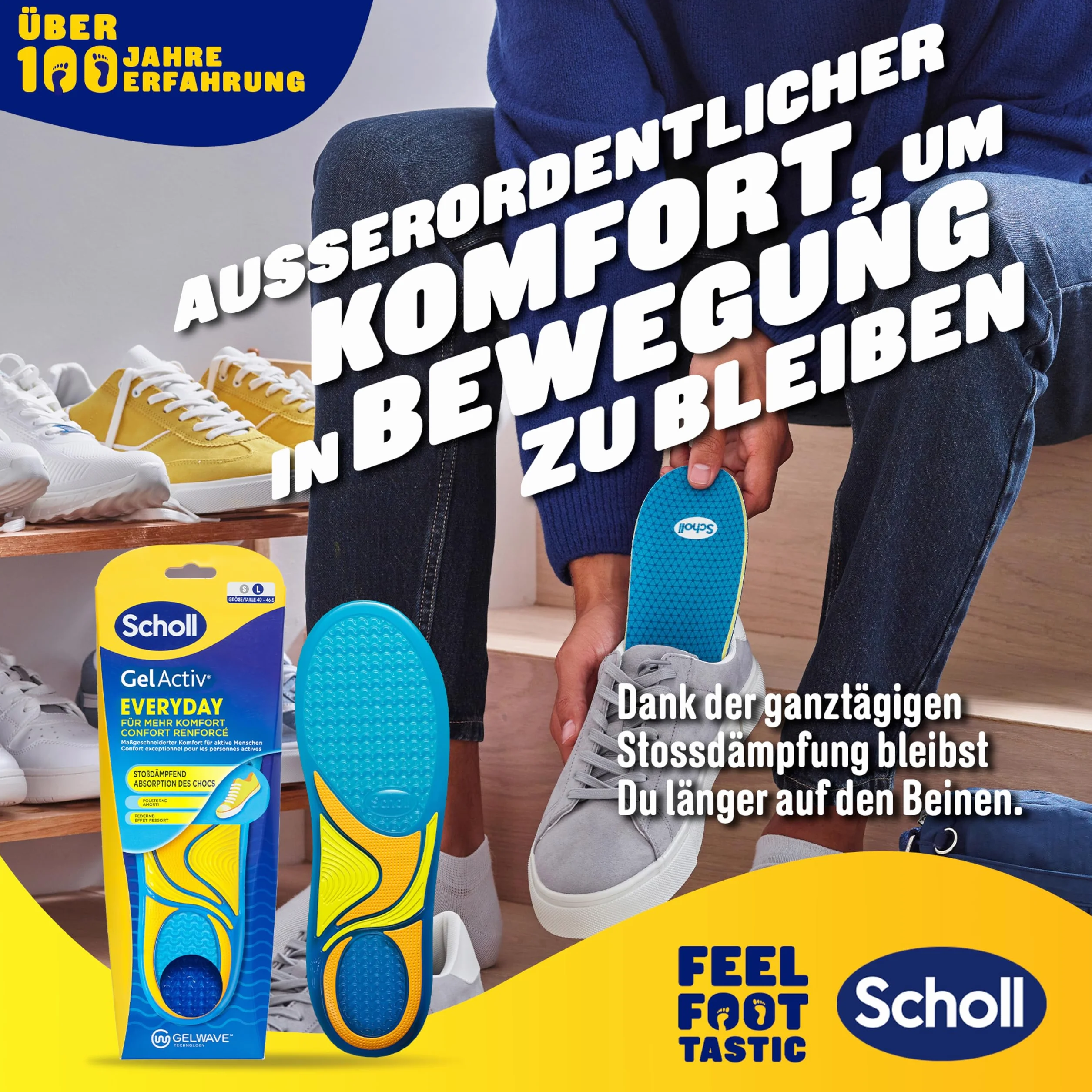 Scholl GelActiv Everyday wkładki dla mężczyzn, komfortowe stopy przez cały dzień, amortyzacja z pianki z pamięcią kształtu i technologia GelWave dopasowują się do stóp i zapewniają najwyższy komfort