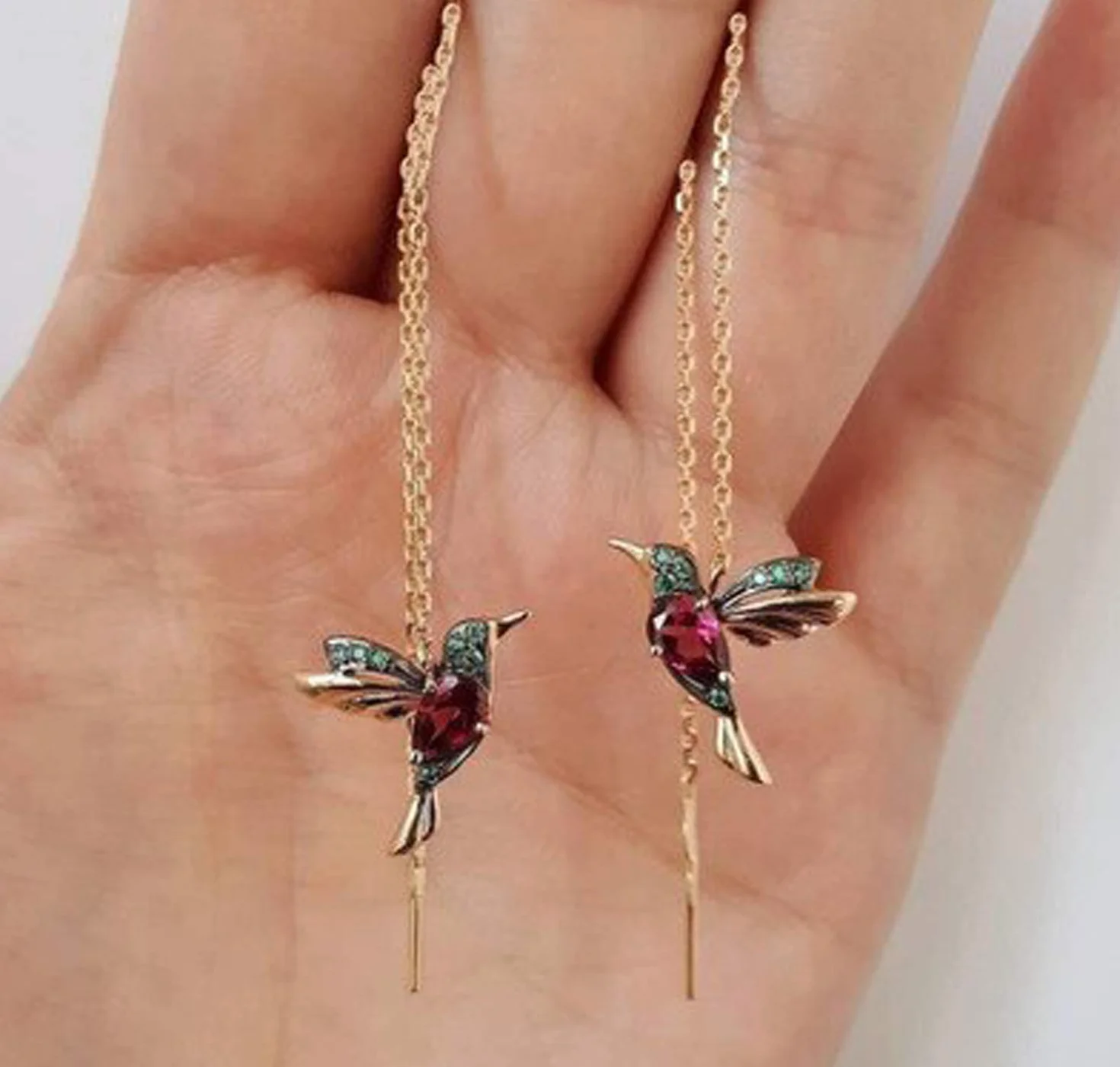 Miniblings Kolibri łańcuszek kolczyki w kolorze różowego złota — oryginalna modna biżuteria I stras ptaki kamienie stras — kolczyki biżuteria do uszu różowe złoto, 15mm, Różowe złoto Stras, Stras