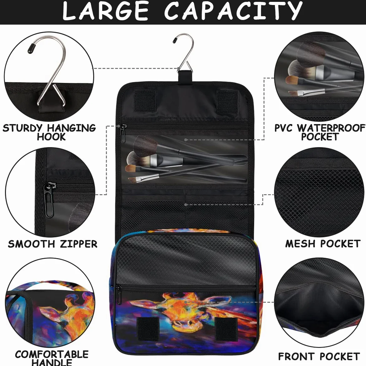 Żyrafa Malarstwo Podróżna Kosmetyczka Żyrafa Mycie Torba Unisex Wiszące przybory toaletowe Kosmetyczka Organizer do makijażu, wielobarwny, Jeden rozmiar