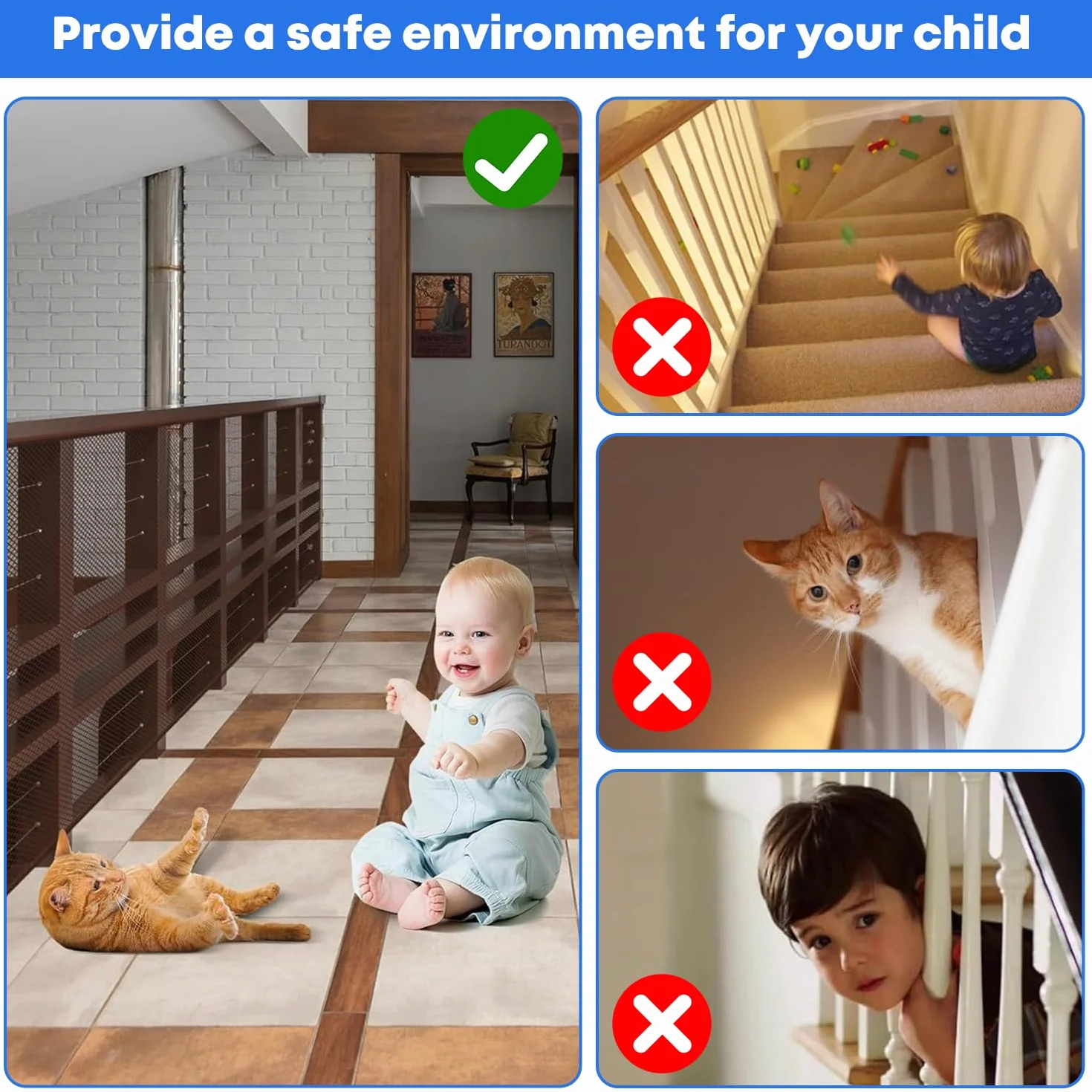 Siatka balkonowa dla niemowląt, Siatka Securite Schody, siatka bezpieczeństwa dla dzieci Do balustrady schodów (kawa, S (300 x 90 cm)