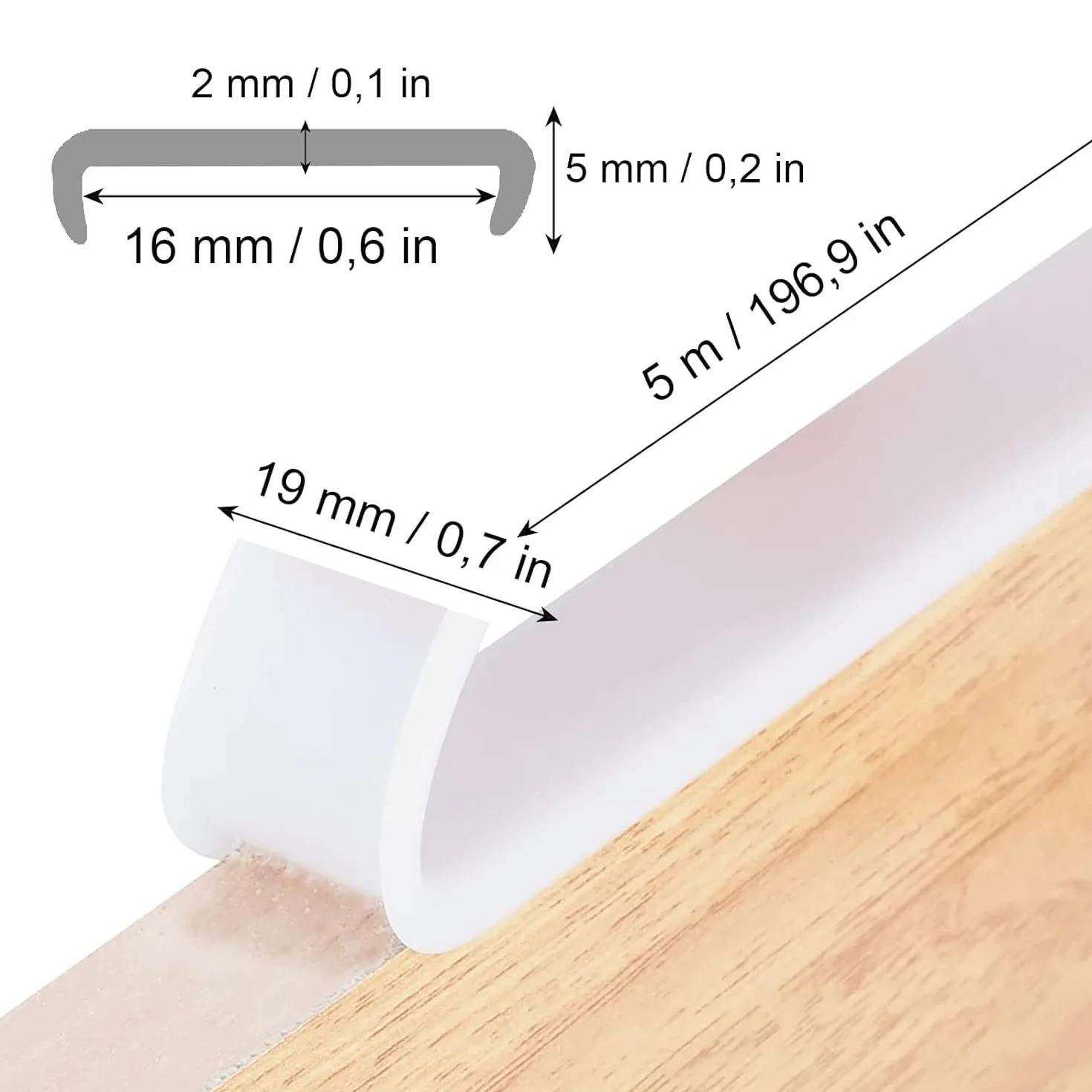 Samoprzylepna taśma w kształcie litery U, szerokość wewnętrzna 16 mm, elastyczna, z termoplastycznego elastomeru, ochrona krawędzi, biała, taśma fornirowana, do stołu, szafy, ochrona i naprawa