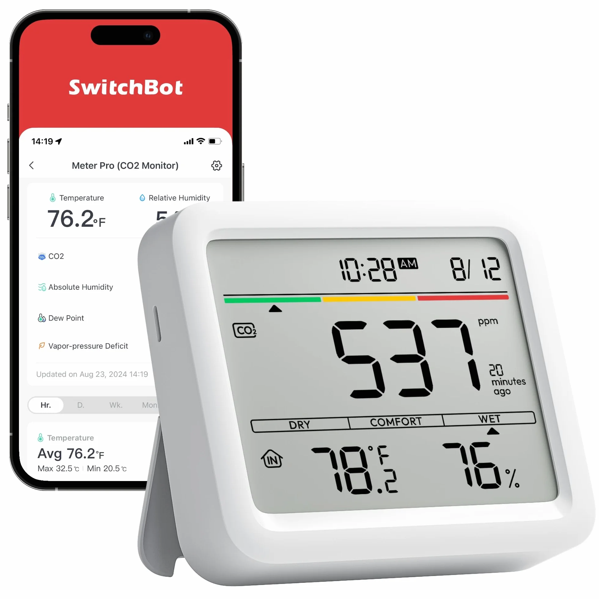 SwitchBot Detektor CO2 z wbudowanym higrometrem, monitor wilgotności, temperatury, Bluetooth, 2-letnie przechowywanie danych, SwitchBot Hub wymagany do funkcji WiFi