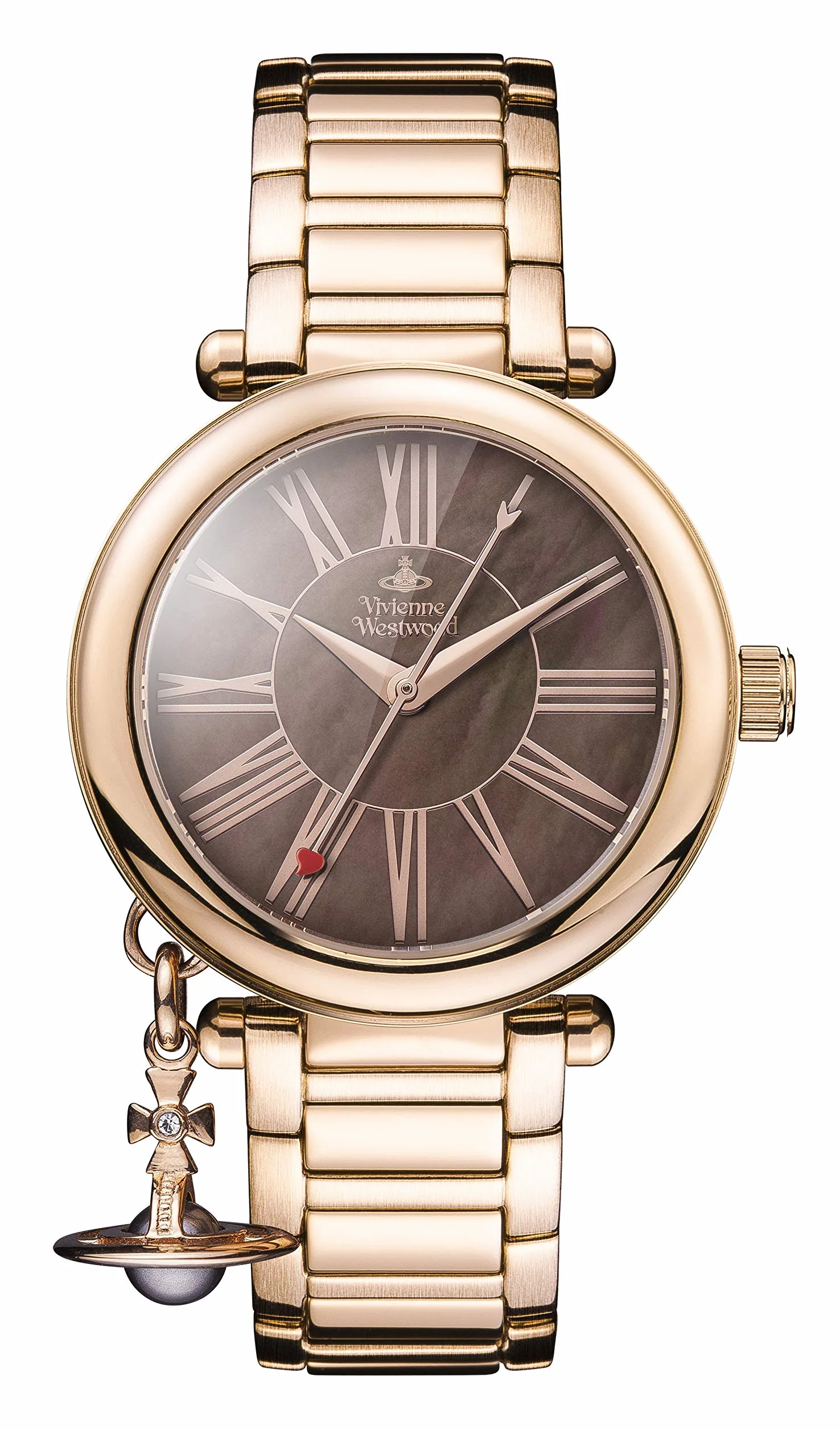 Vivienne Westwood Mother Orb damski zegarek kwarcowy z brązową tarczą MOP i bransoletką ze stali nierdzewnej w kolorze różowego złota VV006PBRRS, Brązowy, 32 mm, VV006PBRRS-AMZUK