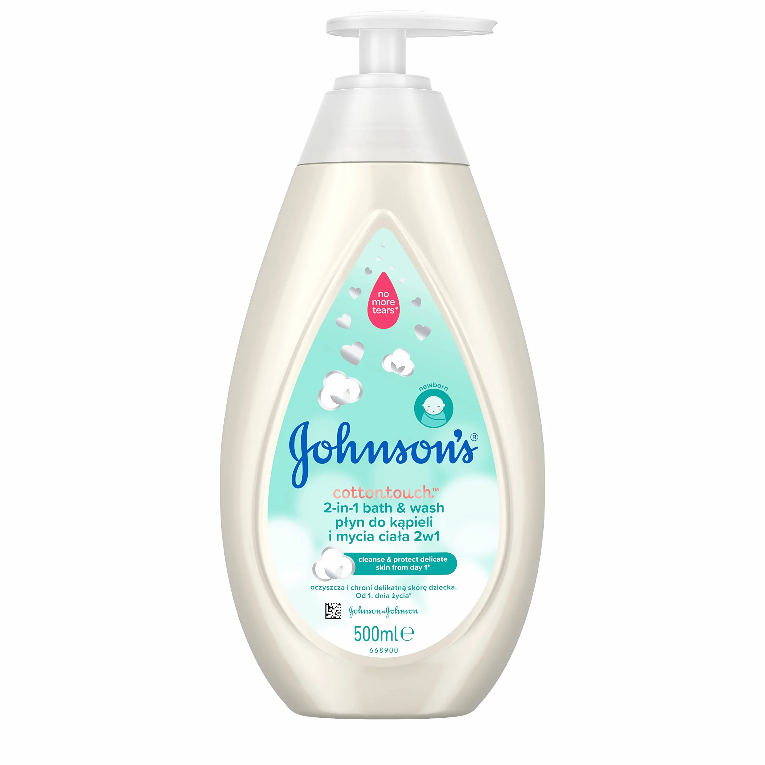 Johnson's Cotton Touch płyn do kąpieli 500 ml z Pompką Płyn do kąpieli i mycia ciała 2 w 1, do stosowania u noworodków od pierwszego dnia życia. Zawiera czystą bawełnę.