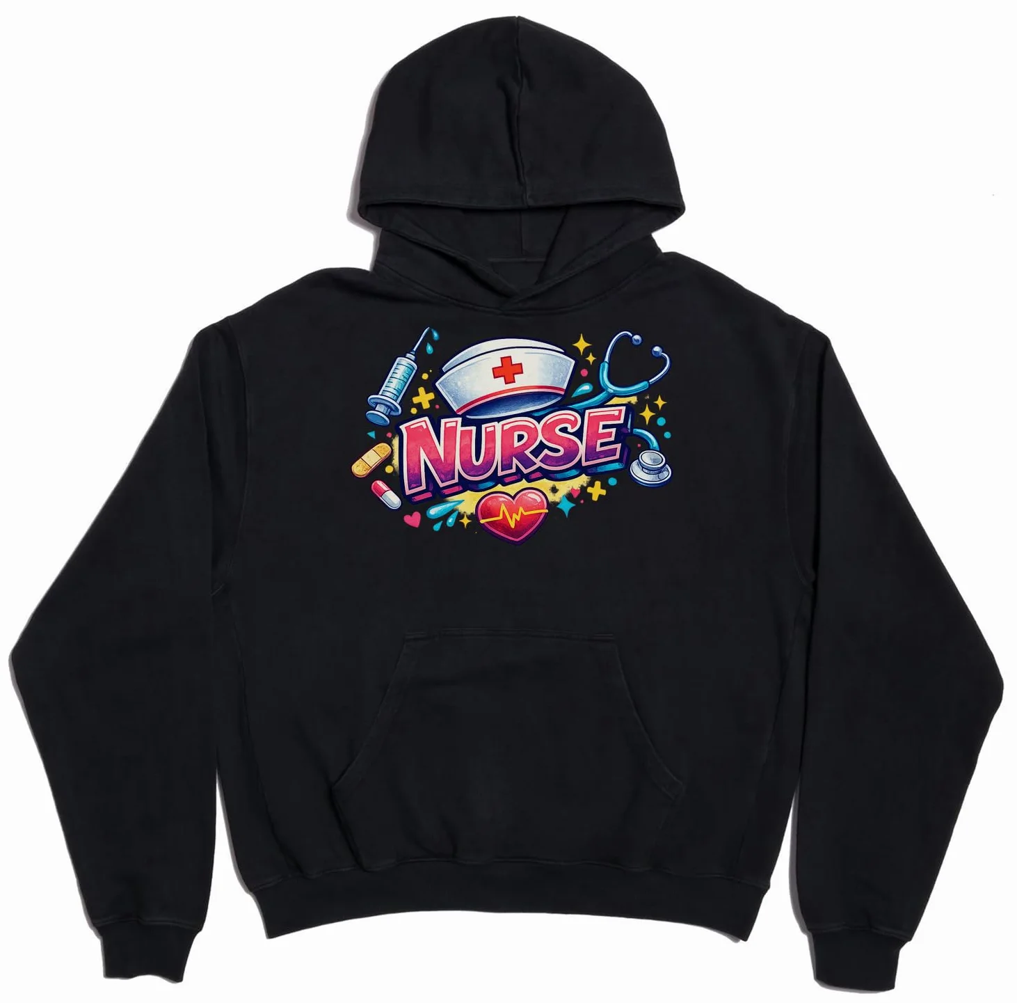 Kolorowe ikony pielęgniarstwa i opieki zdrowotnej unisex oversize ciężka mieszanka bawełny bluza z kapturem czarna