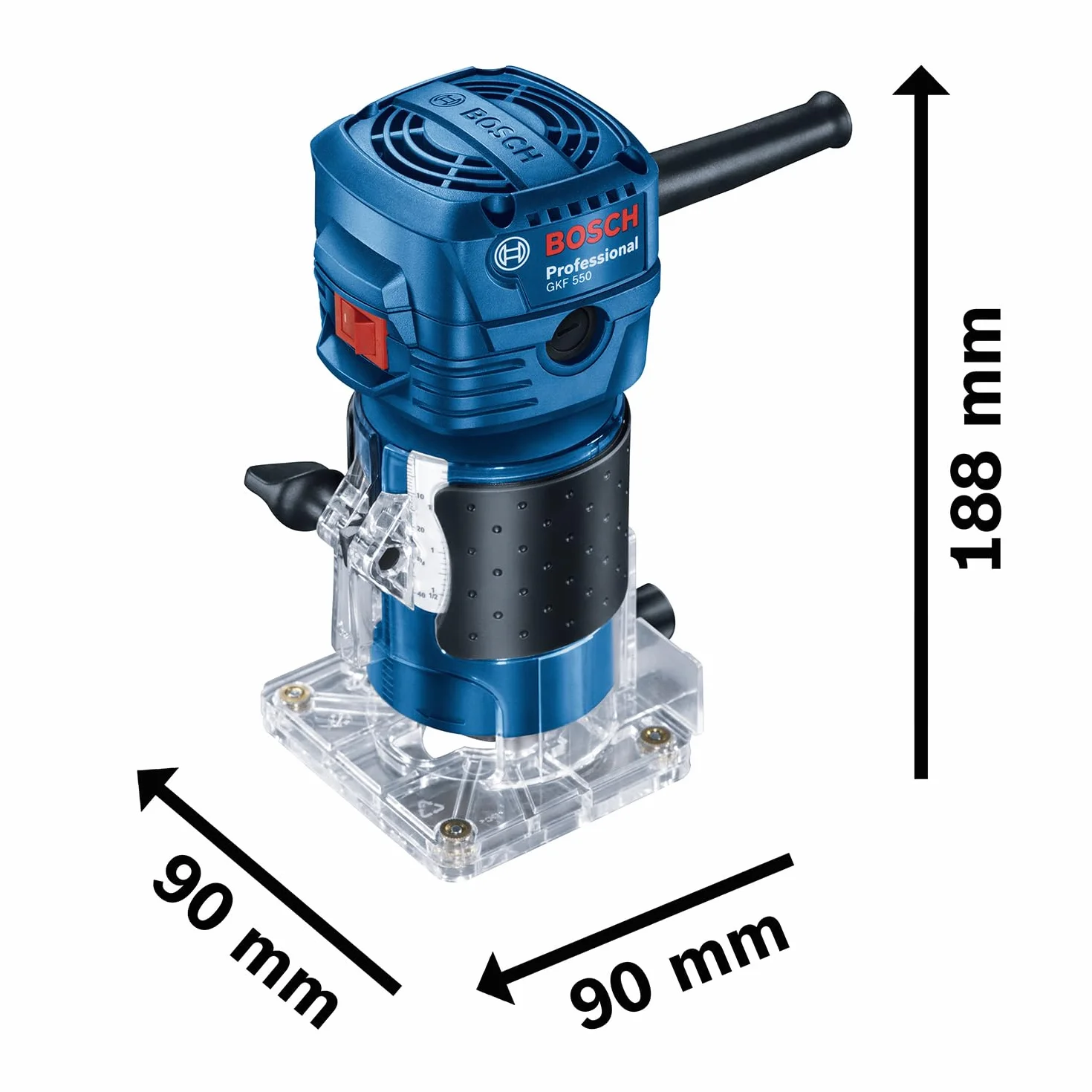 Bosch Professional: frezarka do krawędzi GKF 550 (550 W, prędkość obrotowa bez obciążenia 33.000 min-1, prowadnica równoległa i rolkowa, bolec kopiujący, klucz szczękowy jednostronny 10 i 17 mm)