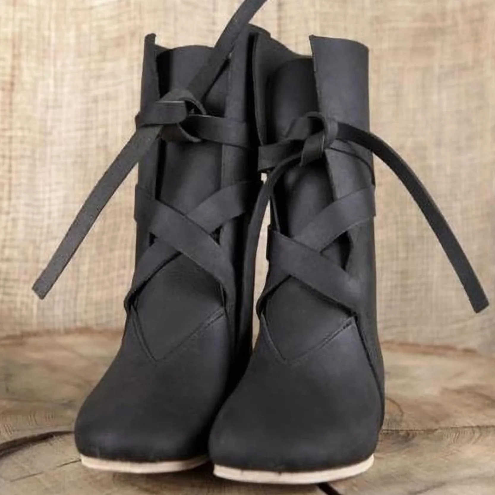 DJFOG Średniowieczne buty rycerskie ze skóry PU, średniowieczne renesansowe buty cosplay dla mężczyzn i kobiet, vintage płaskie dno buty sznurowane buty