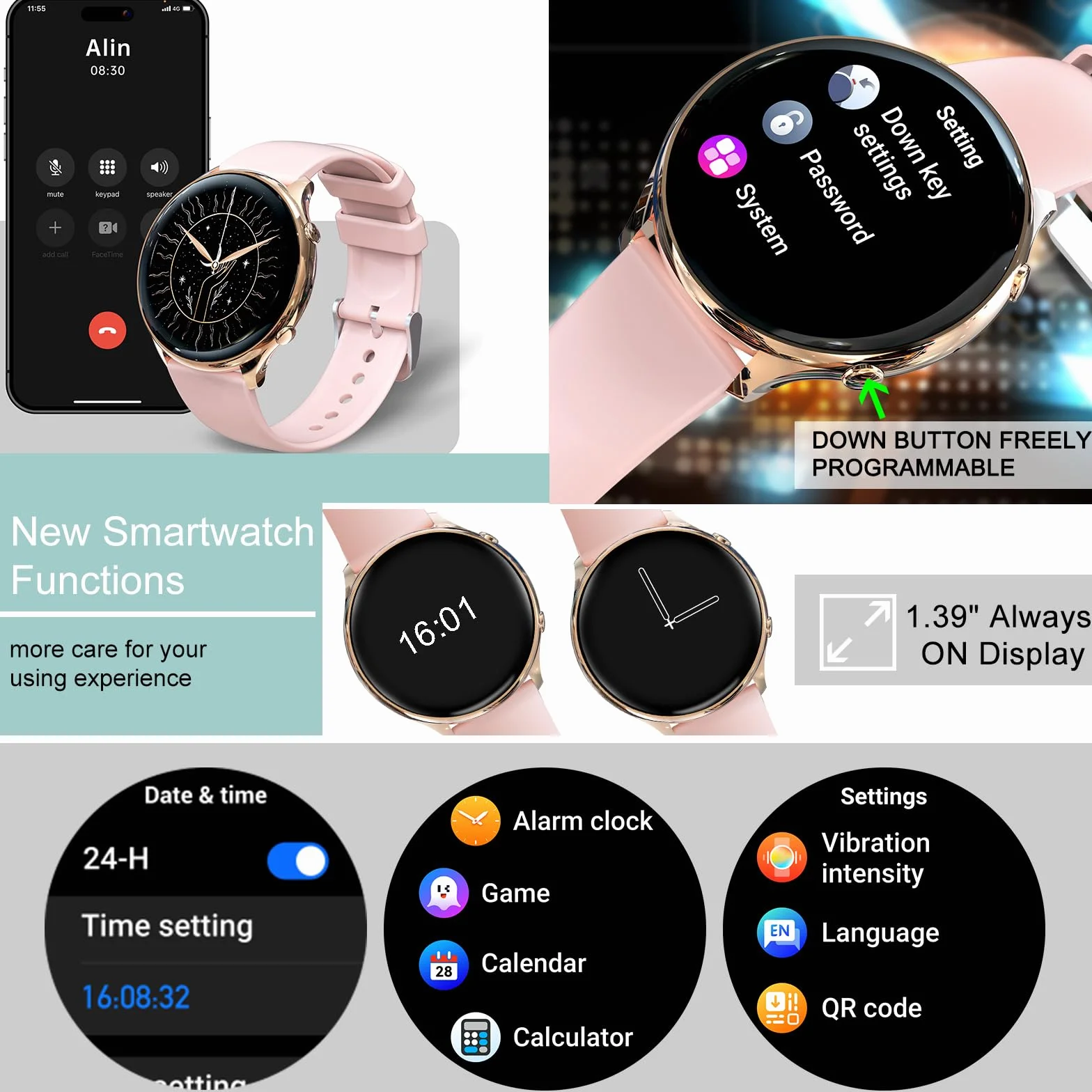 Zegarek damski Smartwatch, 1,39" fitness z połączeniami i WhatsApp, 120 sportowy, asystent głosowy, powiadomienia o wiadomościach, krokomierz, okrągły monitor zdrowia dla systemu Android iOS (różowy)