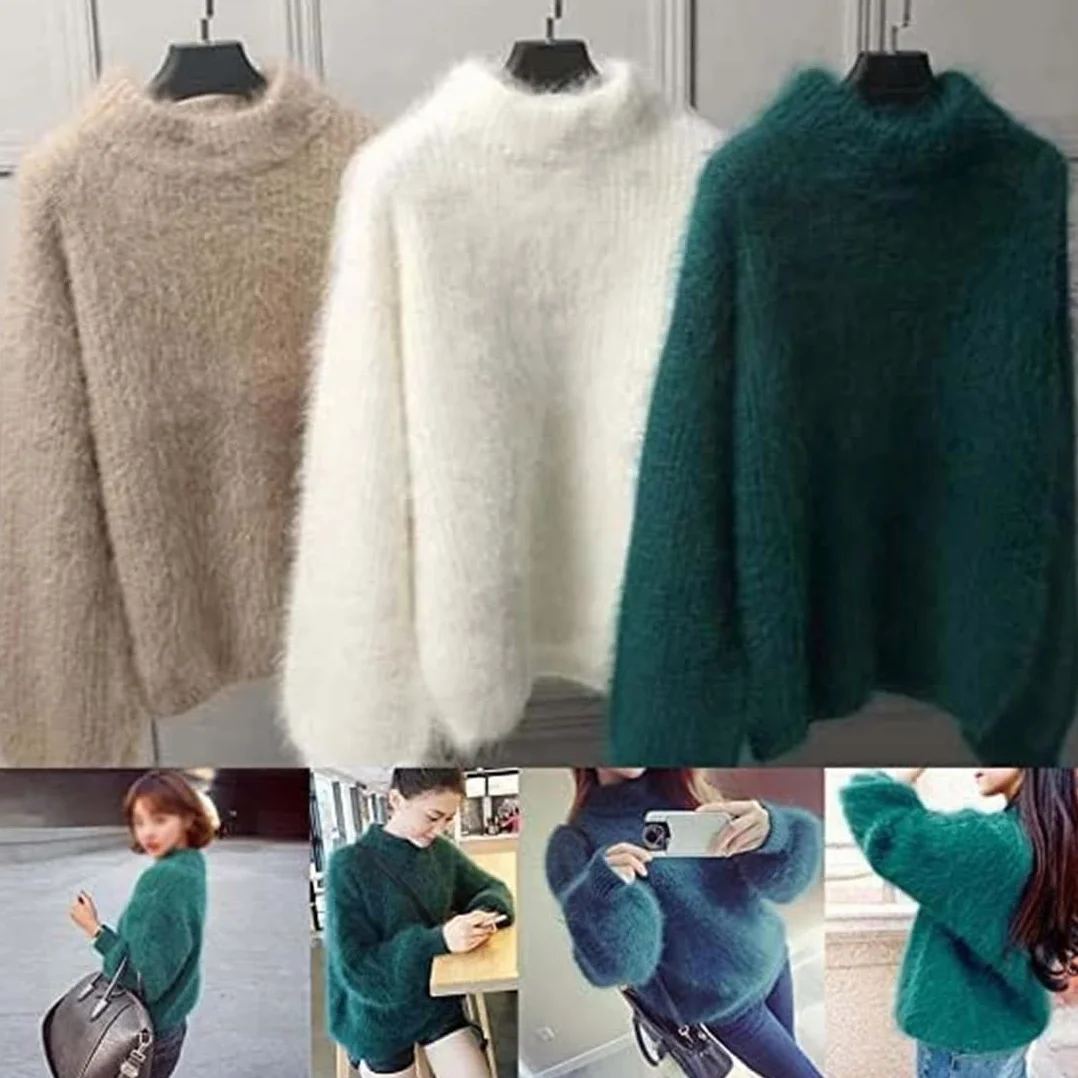 Damski zimowy sweter z mieszanki kaszmiru angora, luźny ciepły sweter, jednolity kolor, okrągły dekolt, dzianinowy pulower, puszysty sweter