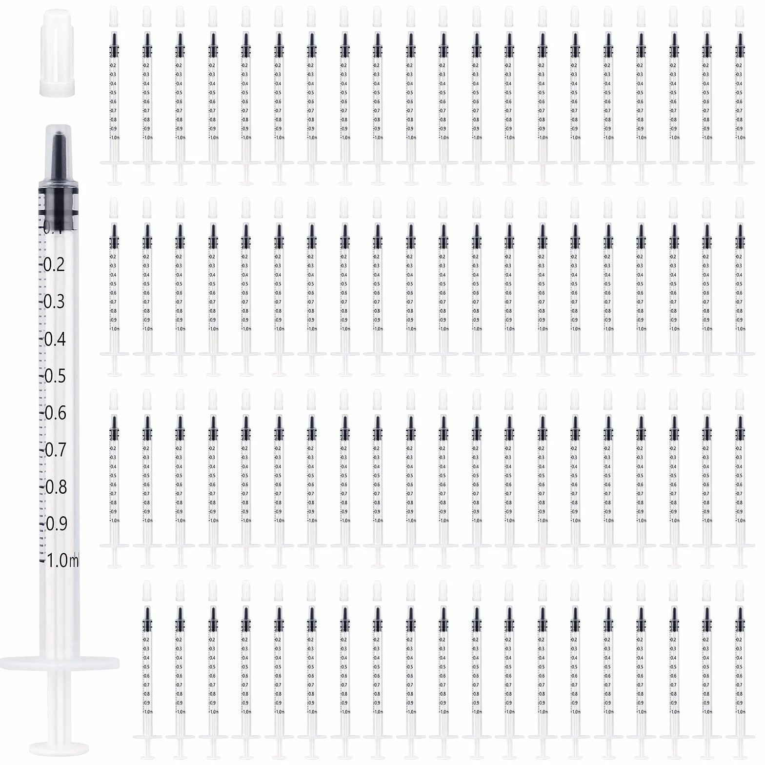 Strzykawka z siarą 1 ml, tworzywo sztuczne z nasadkami: 80 sztuk, 1 ml, strzykawka bez igły, strzykawka 1 ml do uzupełniania i pomiaru płynów, karmienia zwierząt, nawadniania roślin i laboratoriów