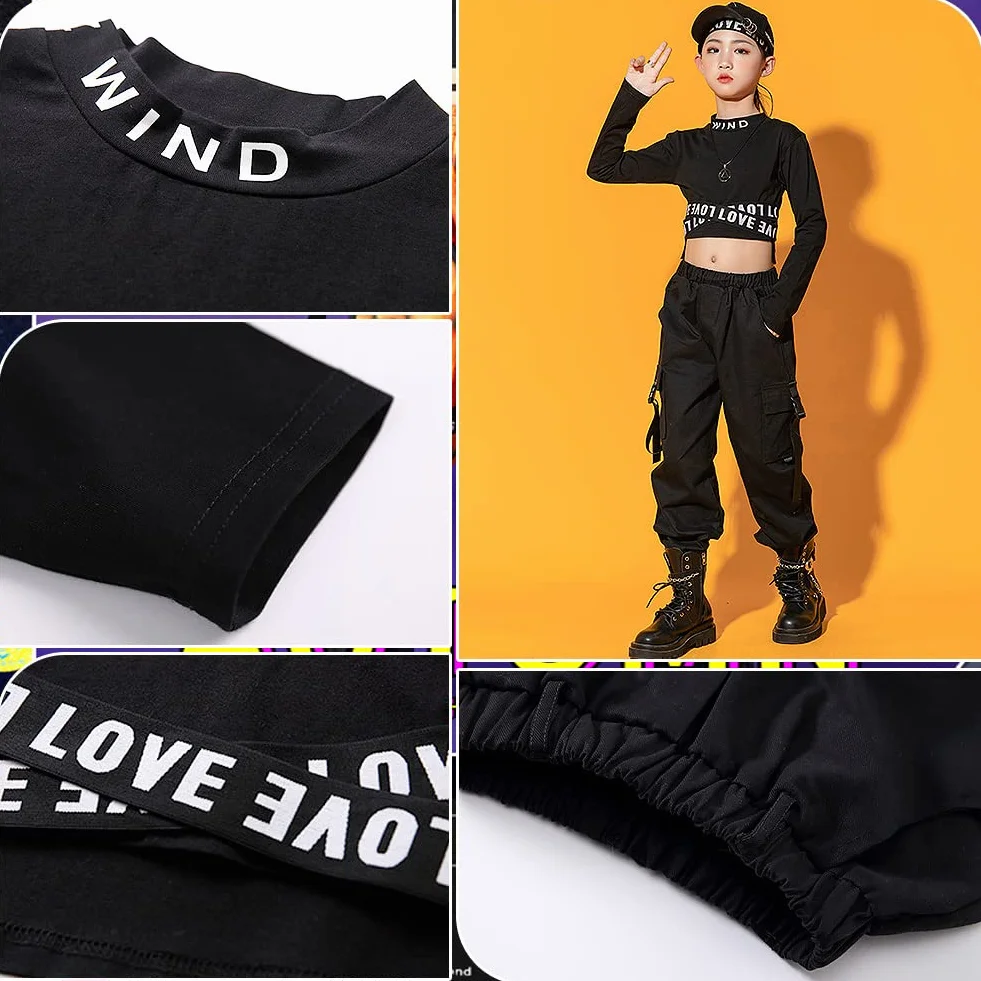 Dziewczęcy dres treningowy hip hop, 2-częściowy strój dla dzieci, strój do tańca ulicznego, top + spodnie cargo, t-shirt, spodnie do biegania, odzież do tańca, na wiosnę i lato
