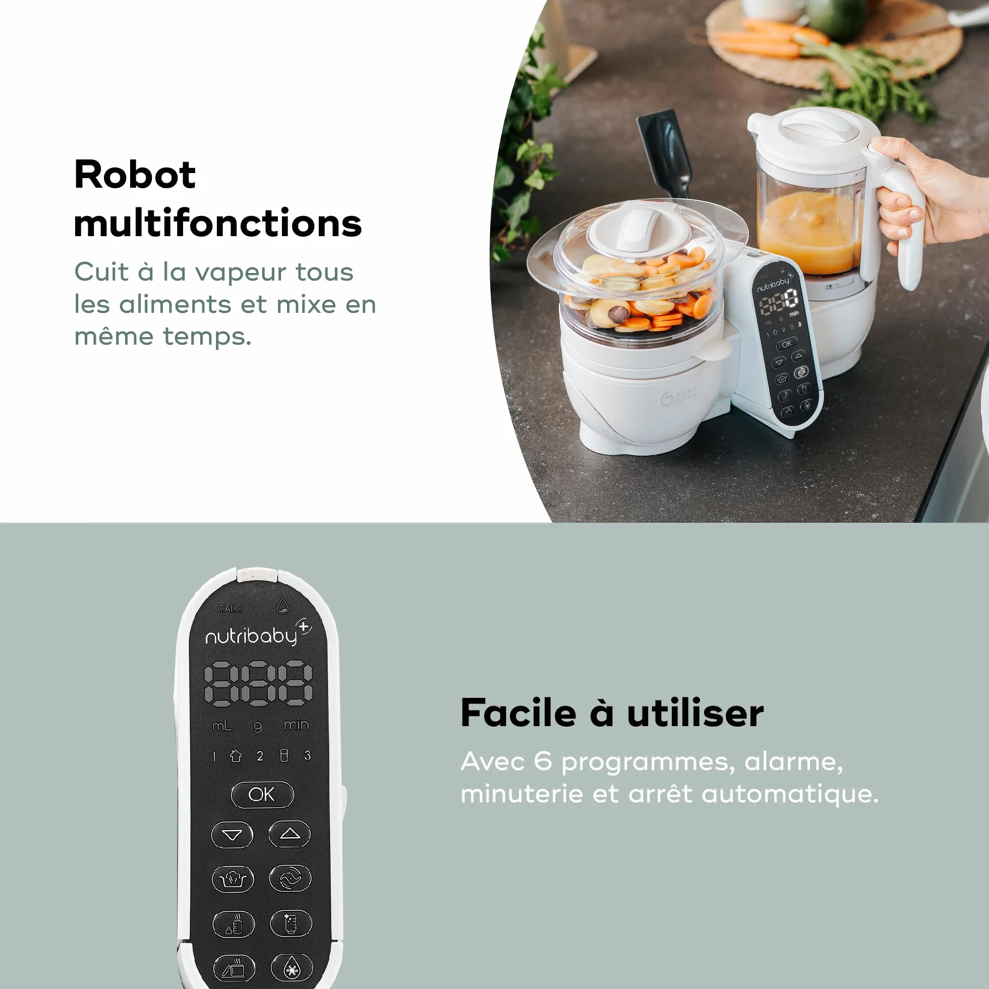 Babymoov Nutribaby(+), wielofunkcyjny robot do gotowania dla niemowląt 6 w 1, parownik, duża pojemność 2,2 l, mineralny beżowy